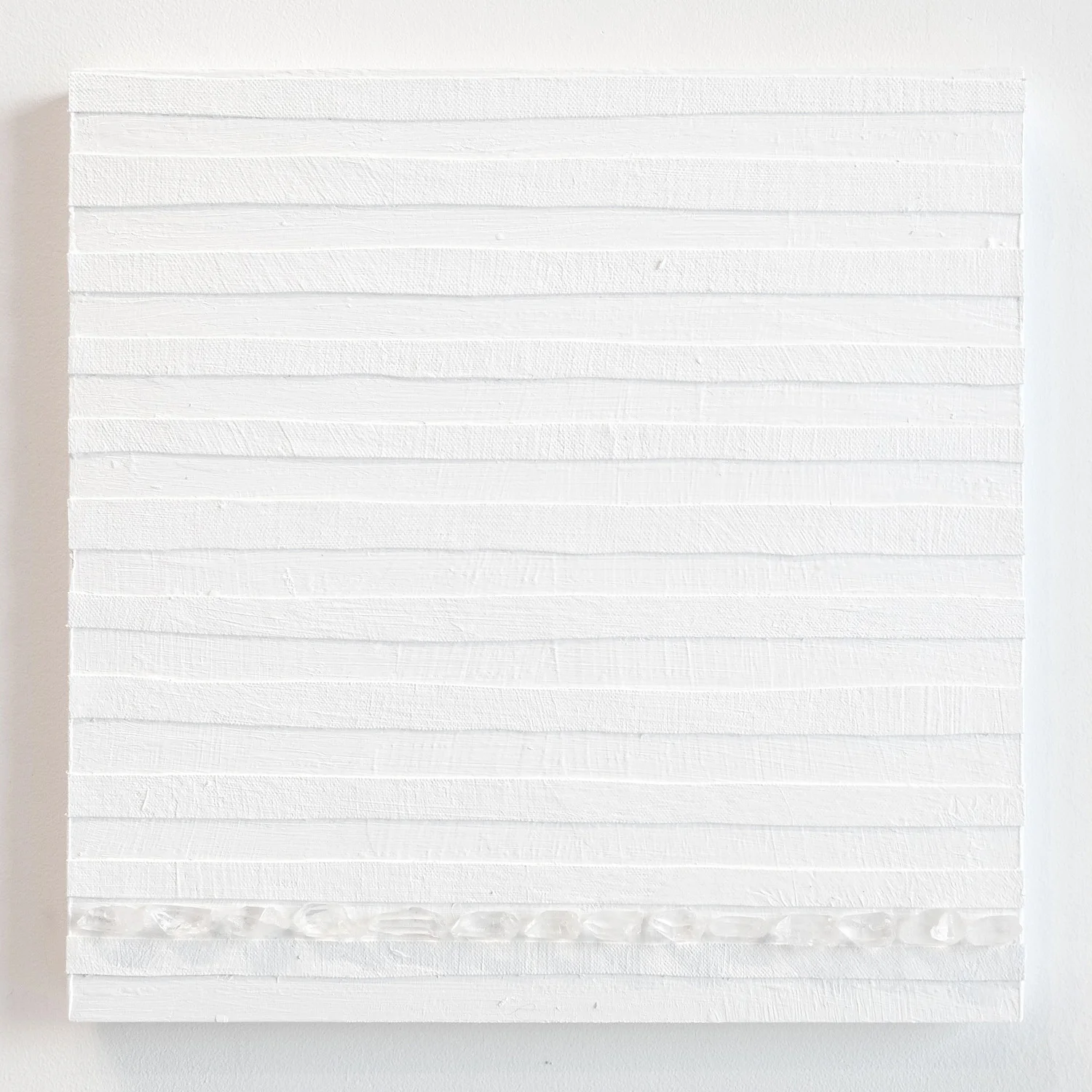 Crystal Cut Levitation #11, 2019, Quartz crystal, acrylic and linen on wood panel 12 x 12 in (30.48 x 30.48 cm)
