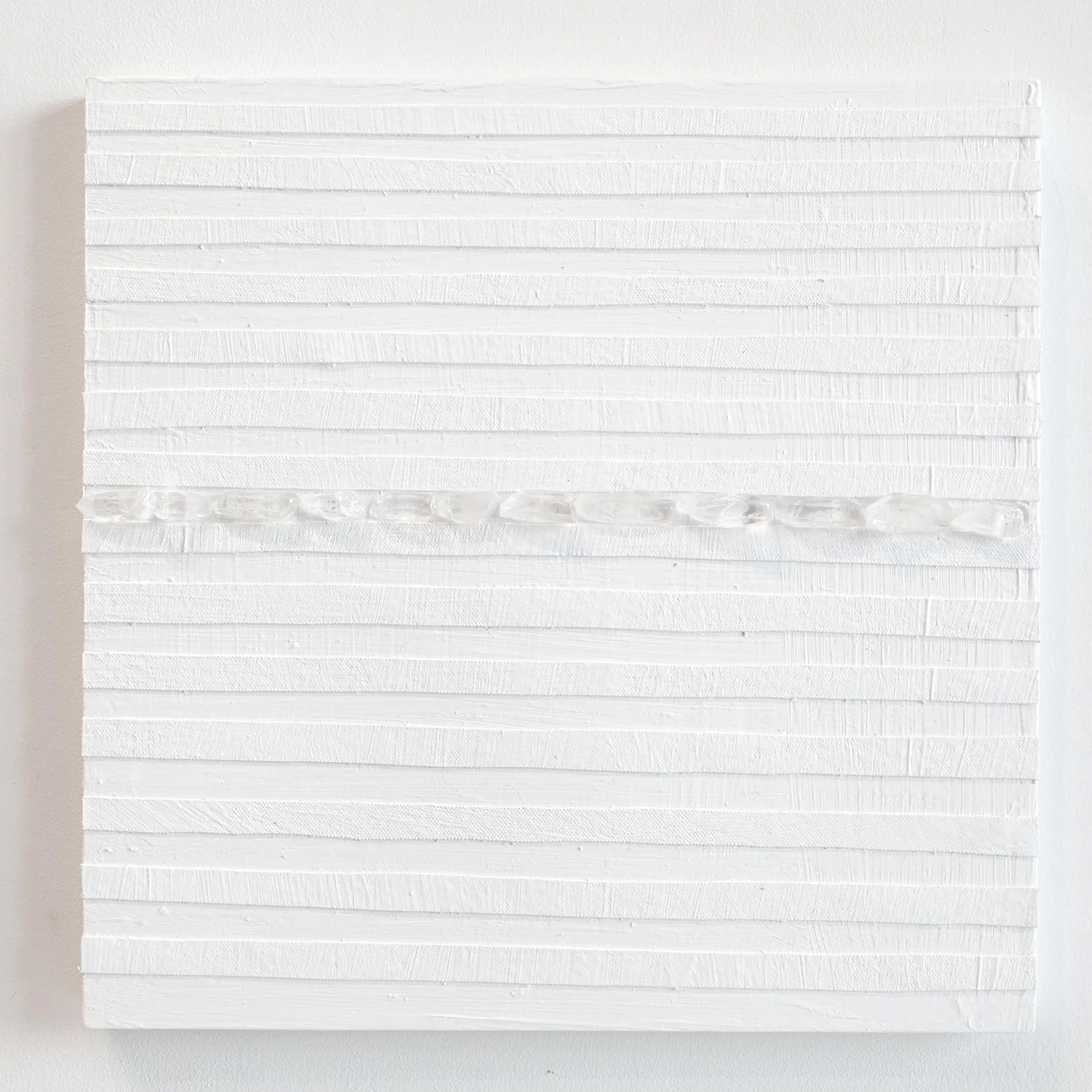 Crystal Cut Levitation #13 , 2019, Quartz crystal, acrylic and linen on wood panel 12 x 12 in (30.48 x 30.48 cm)