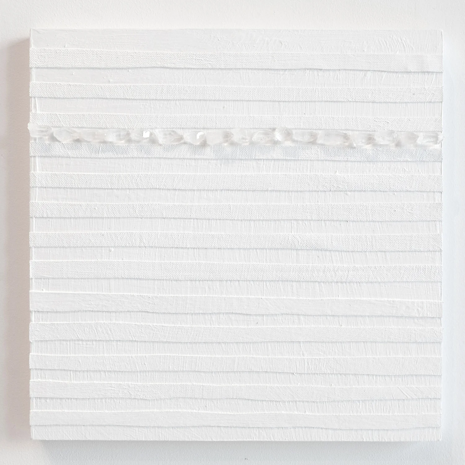 Crystal Cut Levitation #14 , 2019, Quartz crystal, acrylic and linen on wood panel 12 x 12 in (30.48 x 30.48 cm)