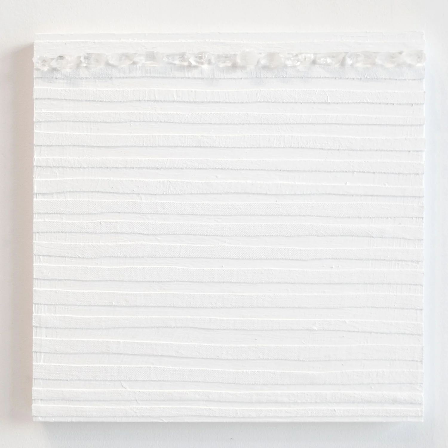 Crystal Cut Levitation #15 , 2019, Quartz crystal, acrylic and linen on wood panel 12 x 12 in (30.48 x 30.48 cm)