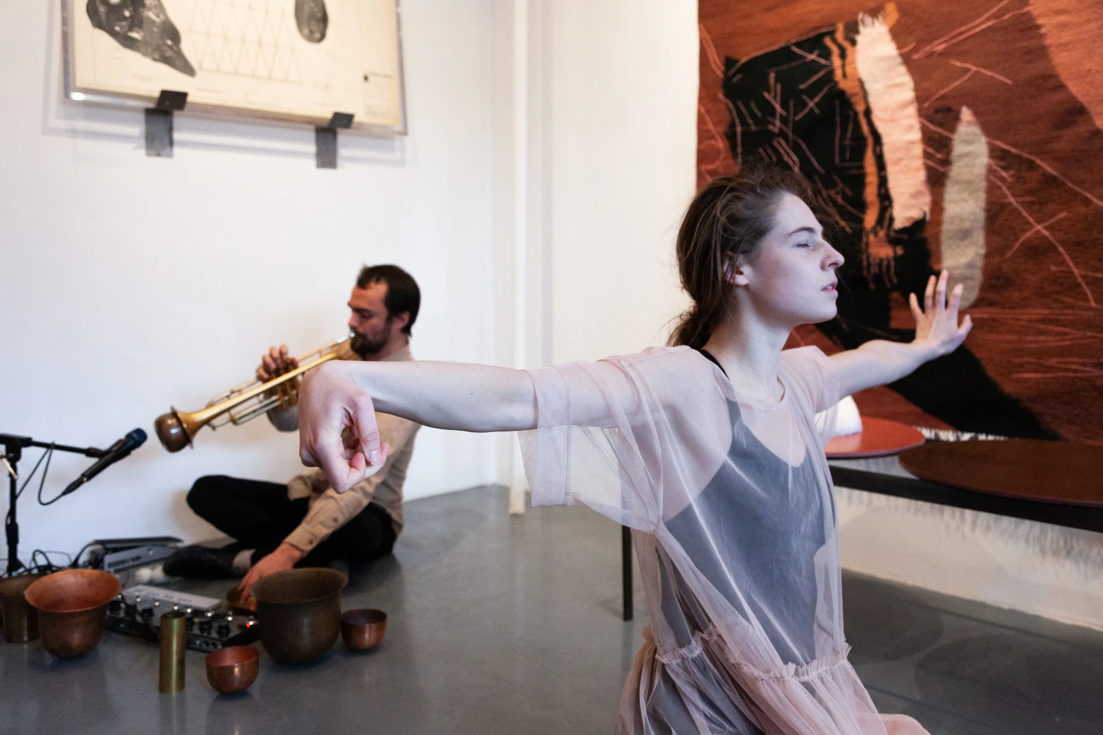 Sarah Entwistle with Rhys Tivey and Natalie Deryn Johnson, You shout first, and I will shout after, performance at signs and symbols, March 10, 2019