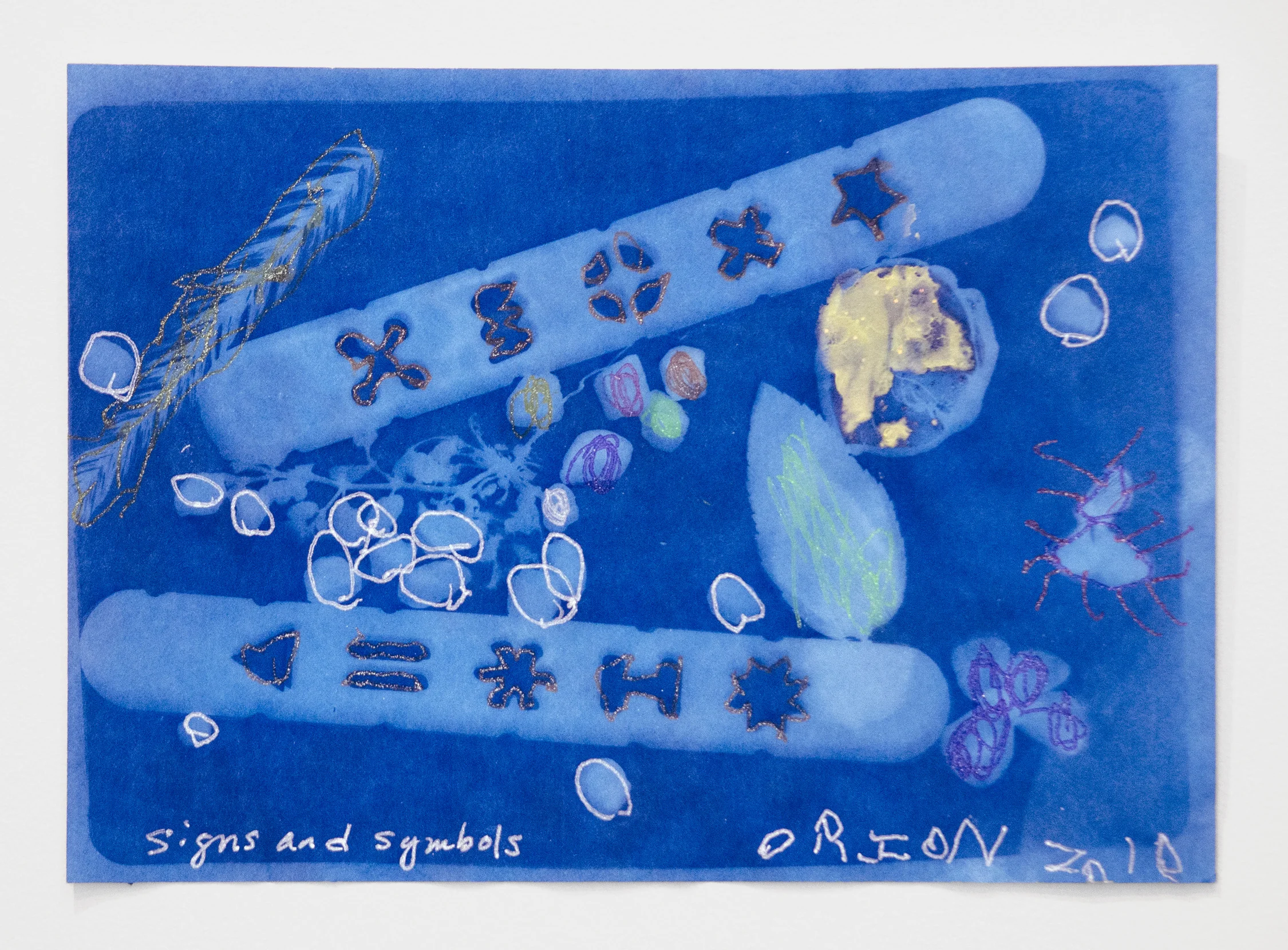 Orion Zev Orrico Signs and Symbols , 2019 Performance, found objects and Yummy Yummy Scented Glitter Gel Pens on swimming pool-developed photographic paper 5 x 7 inches (12.7 x 17.78 cm) 6.25 x 8.25 inches (16 x 21 cm) framed Unique print with hand embellishment Starting bid: $20