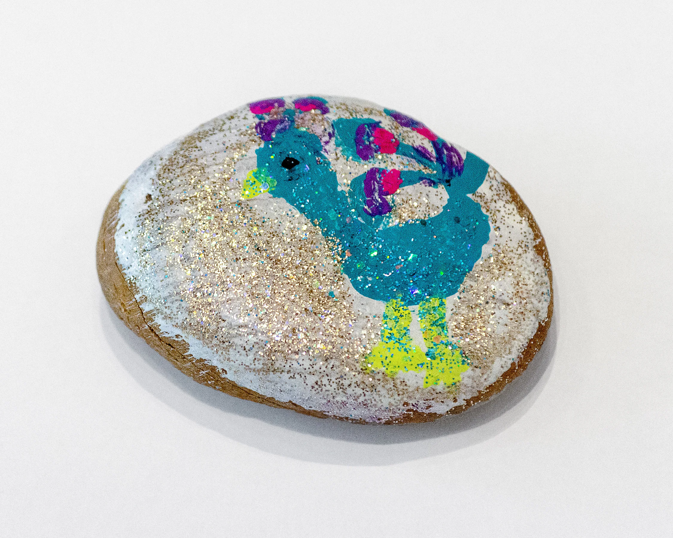 Adelae DeNike Palmer Mrs. Peacock , 2019 Acrylic and glitter on stone 2.5 x 2 x 1 inches (6.5 x 5 x 2.5 cm) Starting bid: $20