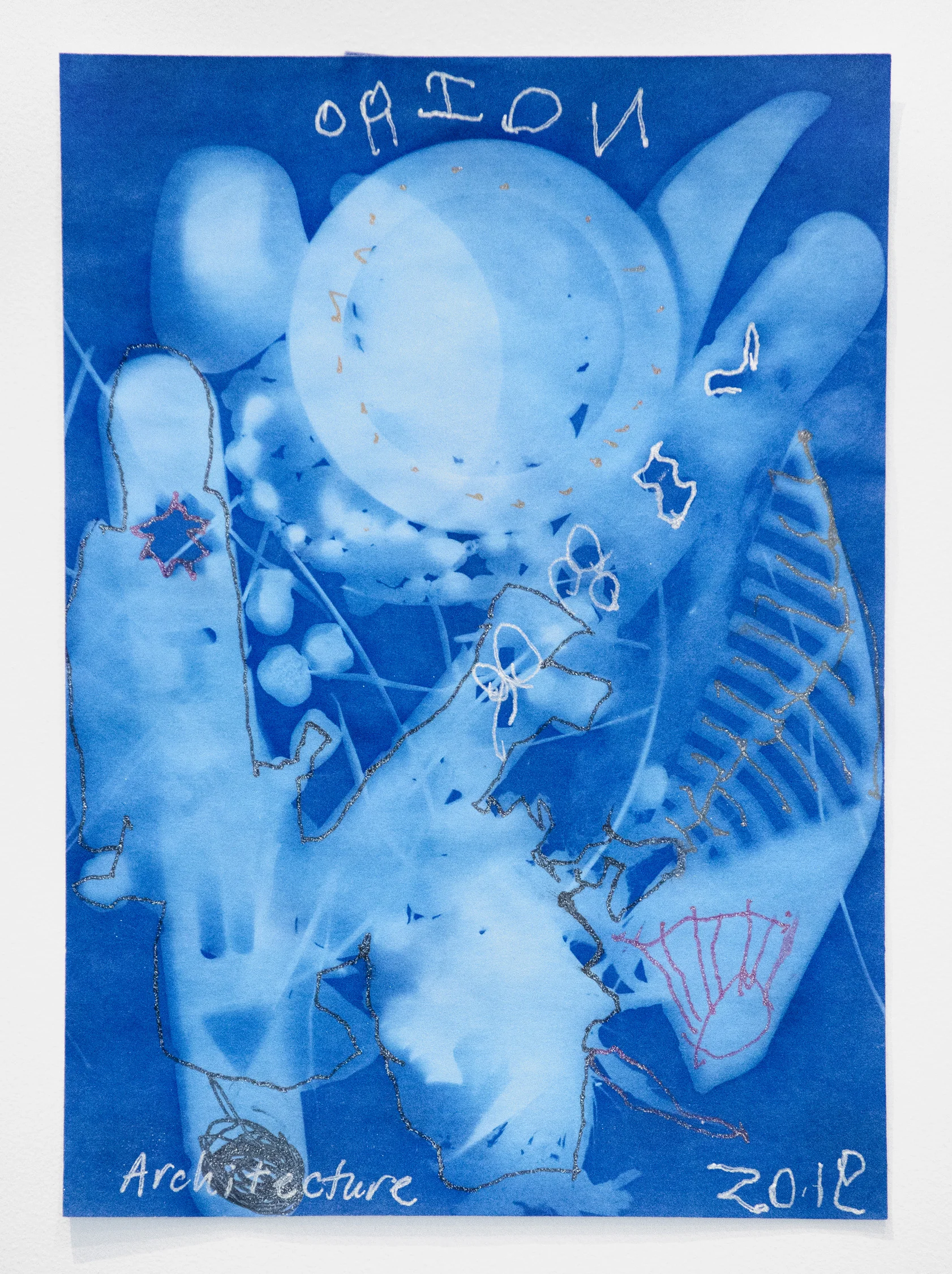 Orion Zev Orrico, Architecture , 2019, Performance, found objects and Yummy Yummy Scented Glitter Gel Pens on swimming pool-developed photographic paper, 7 x 5 inches (17.78 x 12.7 cm), 8.25 x 6.25 inches (21 x 16 cm) framed, Unique print with hand embellishment