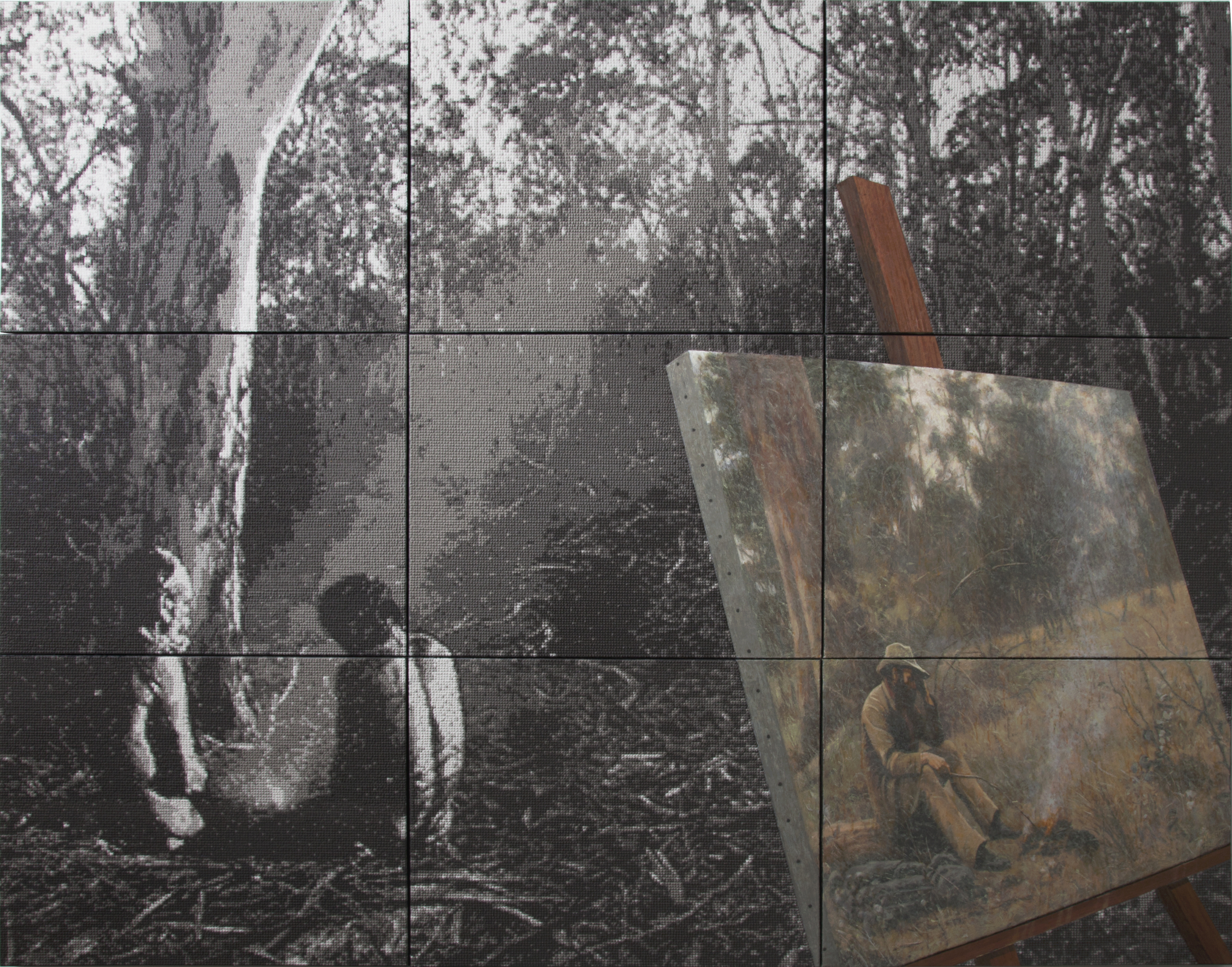 Down on their Luck - ash, wax, timber veneer, oil on 9 canvases 183cmX229cm