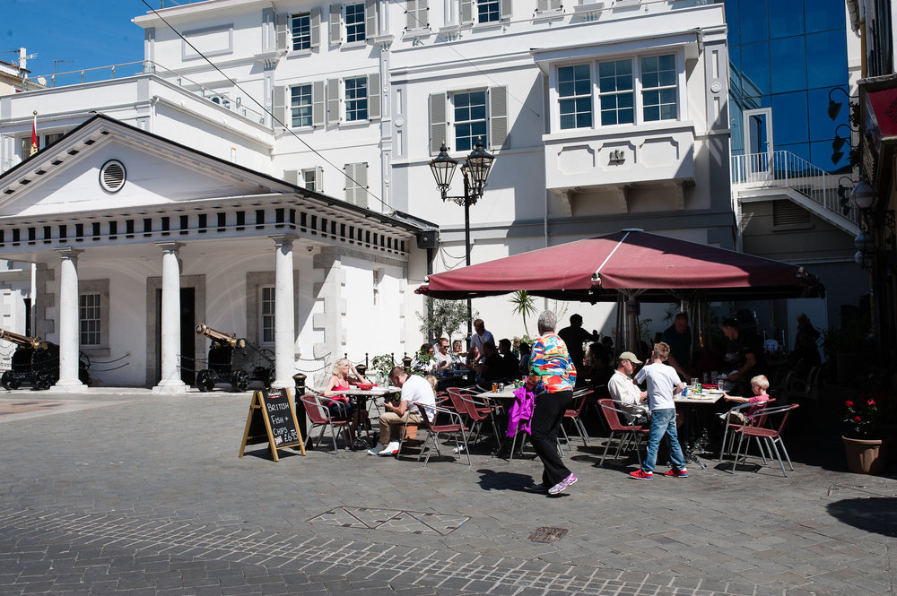 Fish and chips in front of the courthouse in Gibraltar.