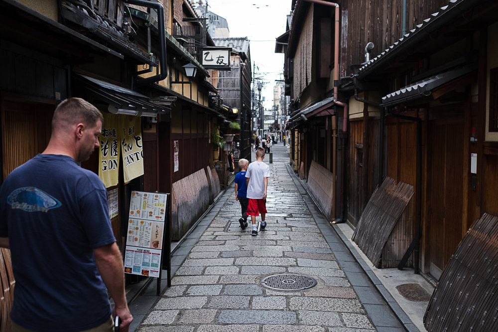  narrow streets run between traditional machiya row houses 