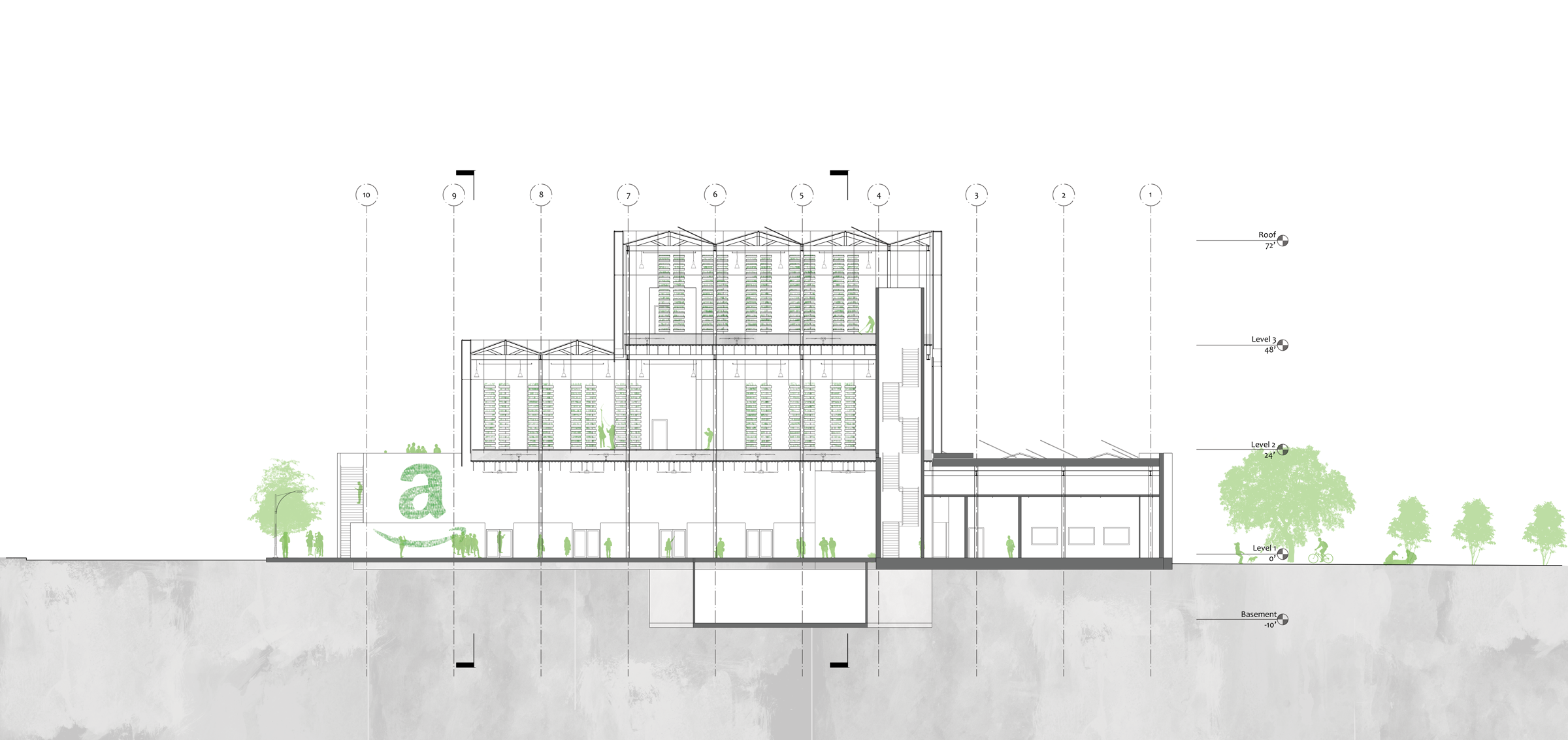  Section through exterior markets, overhanging productive aeroponics and hydroponics and  ground level offices 