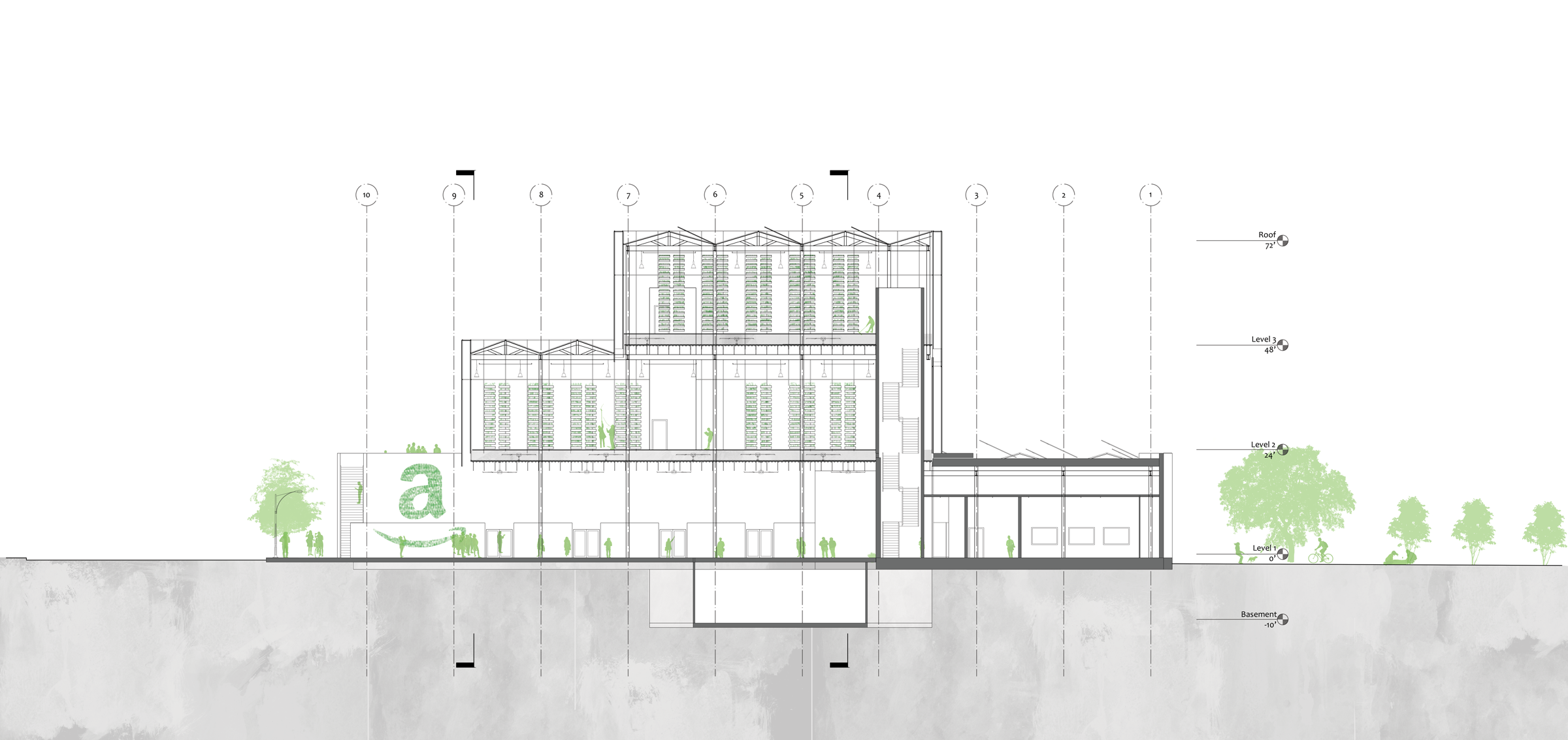 Section through exterior markets, overhanging productive aeroponics and hydroponics and ground level offices
