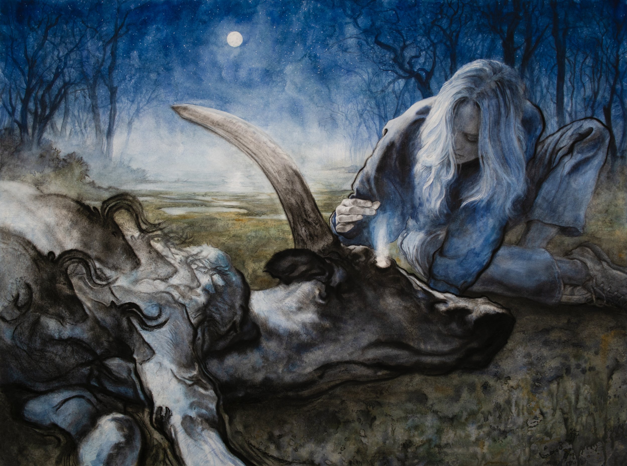 "Moonrise," watercolor, charcoal, and graphite, 36x48 inches, 2025