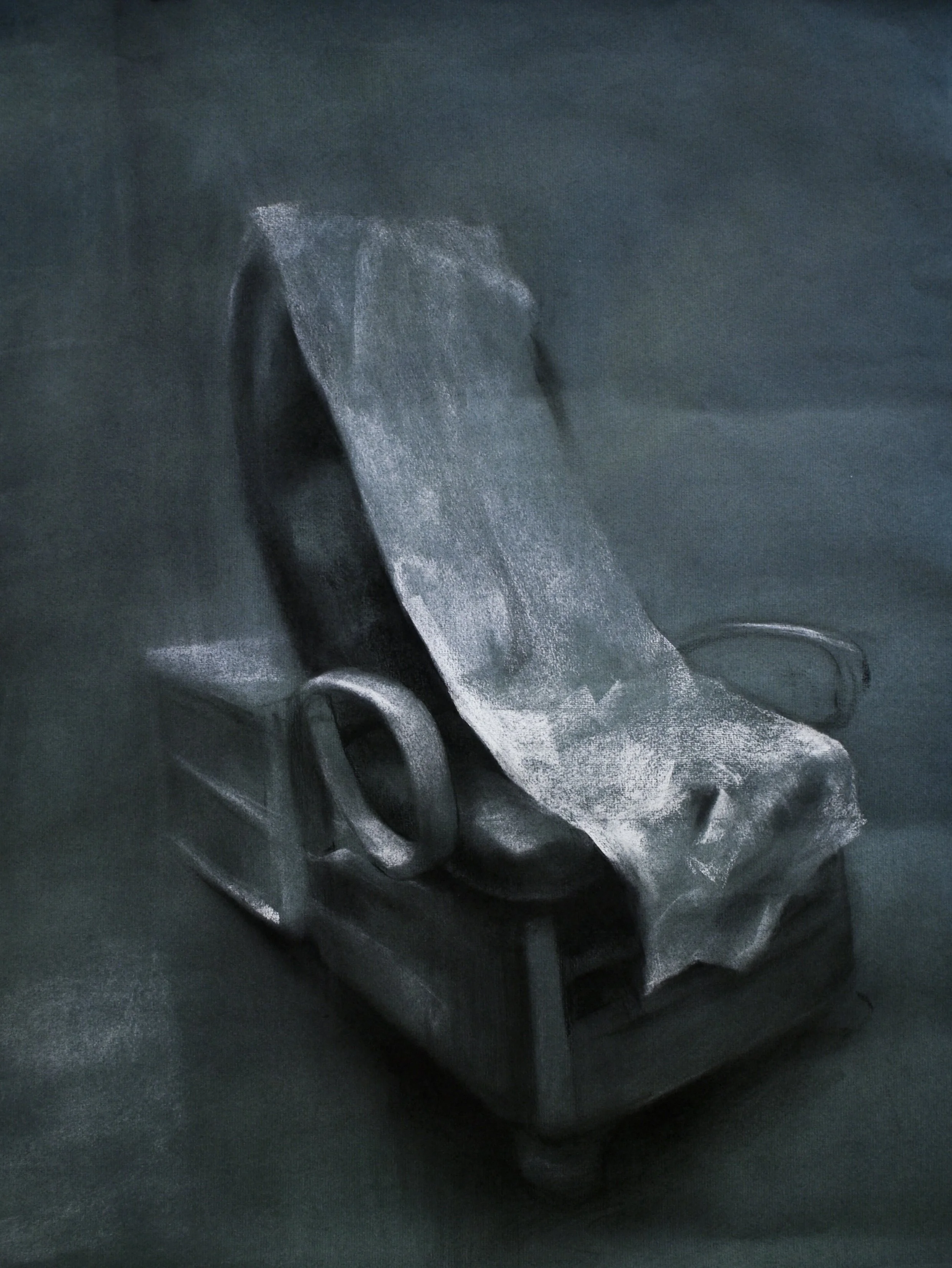 "Medical Chair Study," charcoal and white chalk on Ingres blue toned paper, 18.75x24.75 inches, 2019