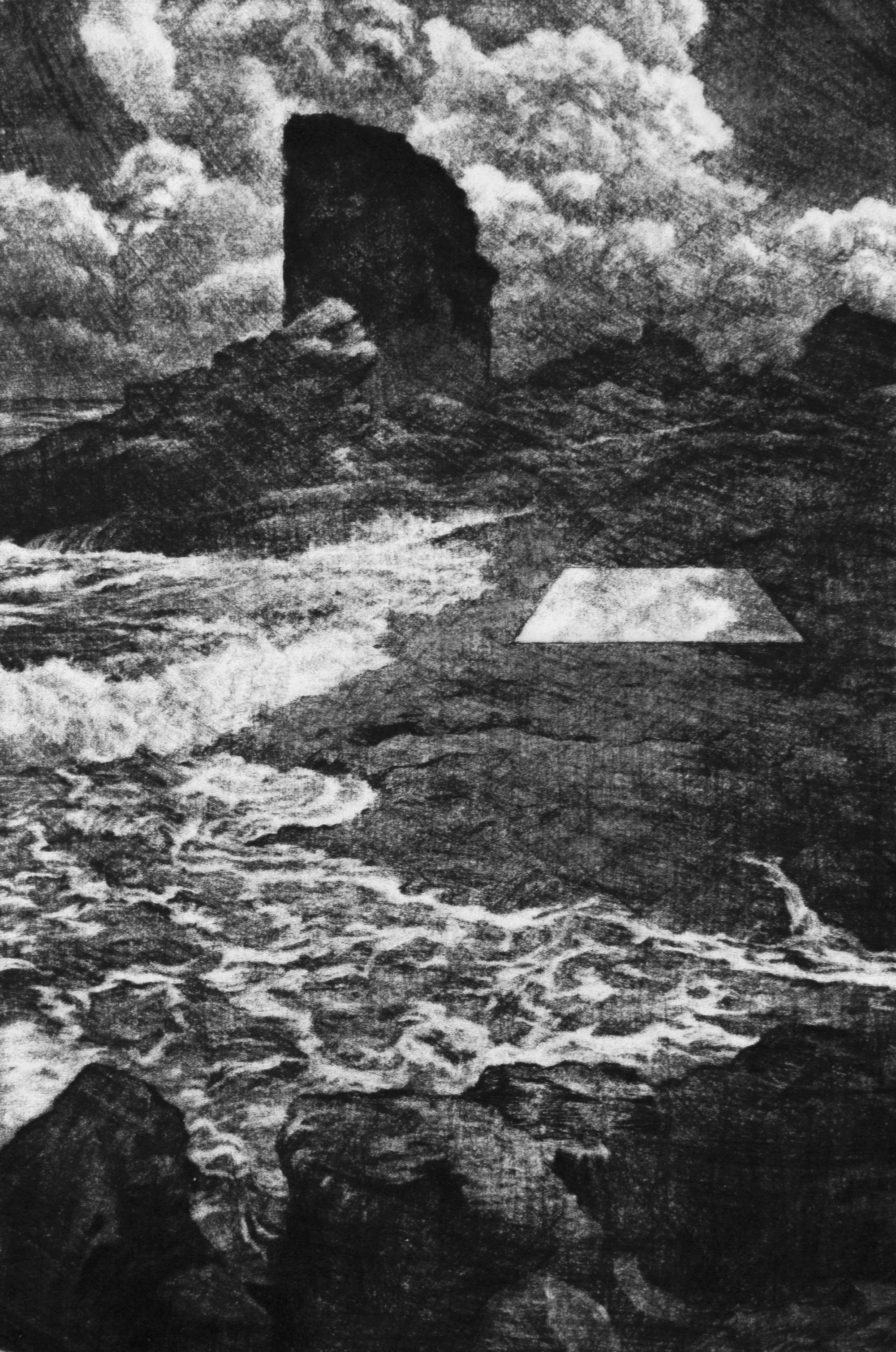"Shoreline Mirror," mezzotint, 6x9 inches, 2020