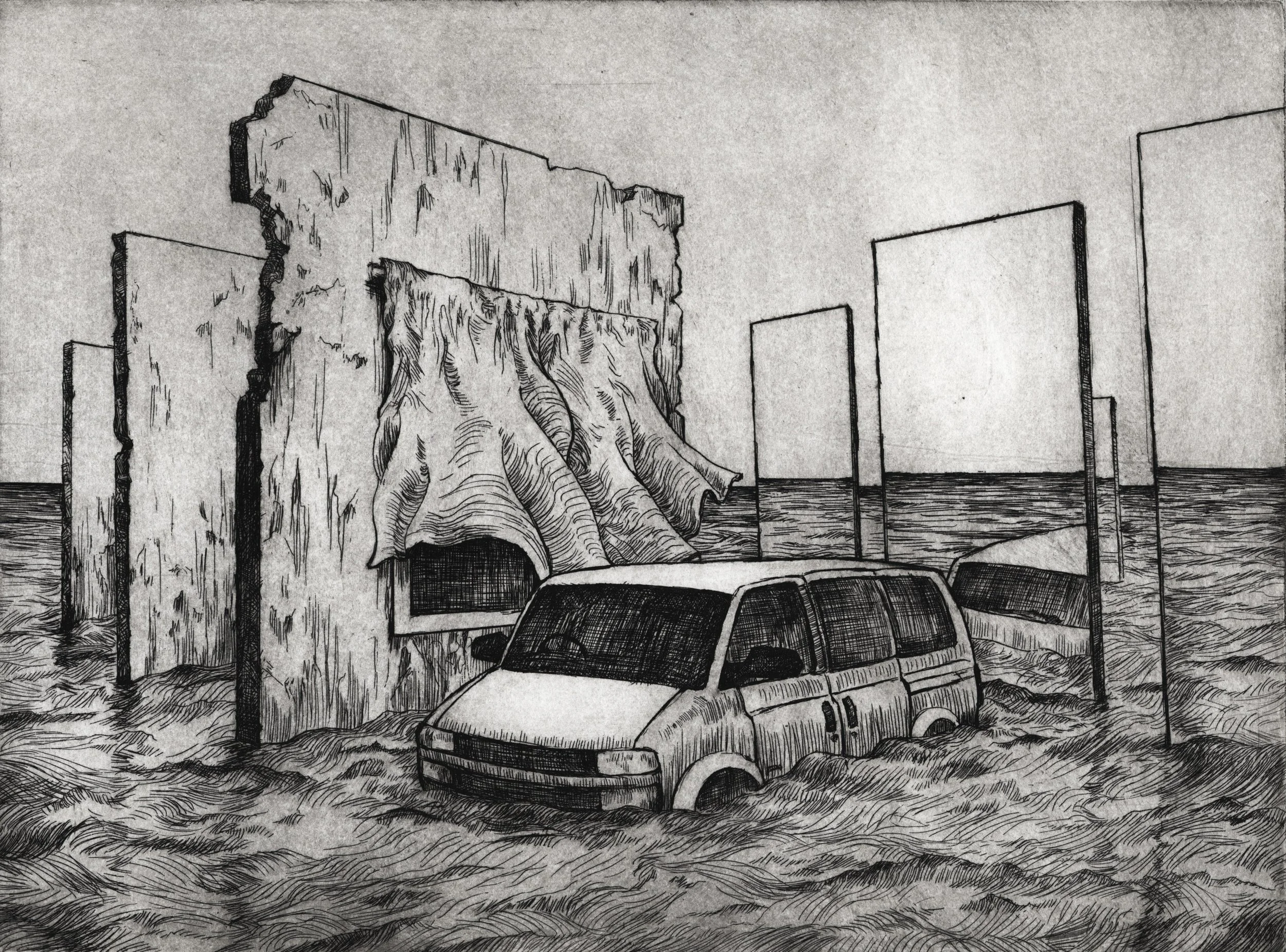 "Displacement 3" etching and aquatint, 9x12 inches, 2019