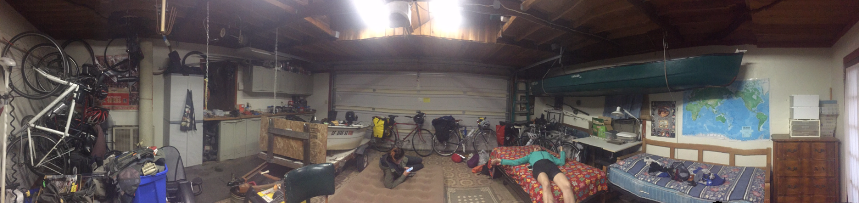 Jerry and Jeanette's bicycle haven, replete with mattresses, canoes, maps, and bikes-bikes-bikes!