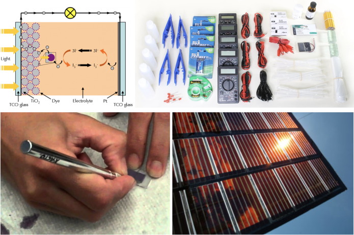 A dye-sensitized solar cell (DSSC) device schematic, materials we’ll be using for the lesson, the lesson in action, and an array of DSSCs in action.
