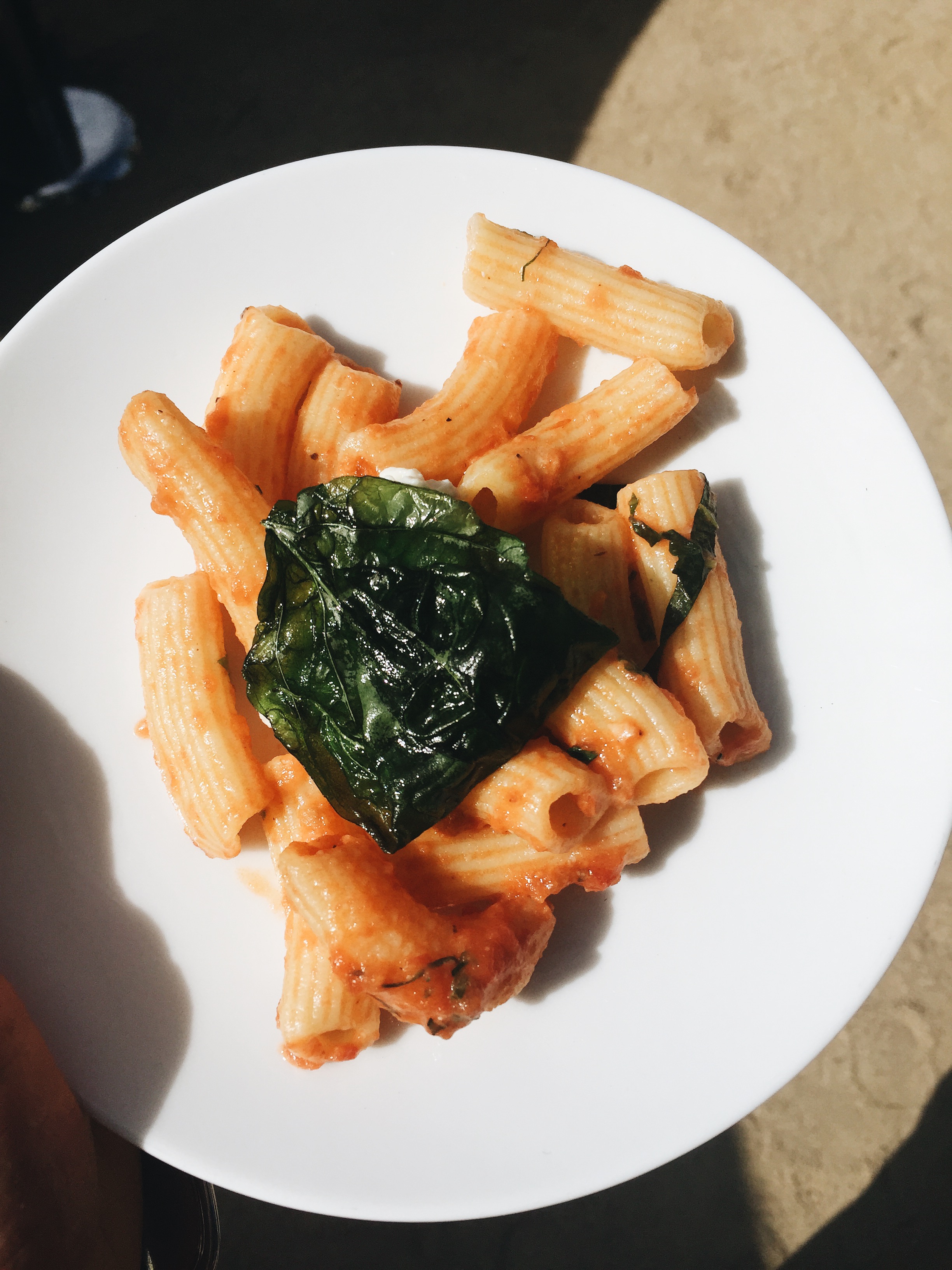 Fresh pasta with marinara sauce, fresh mozzarella and basil