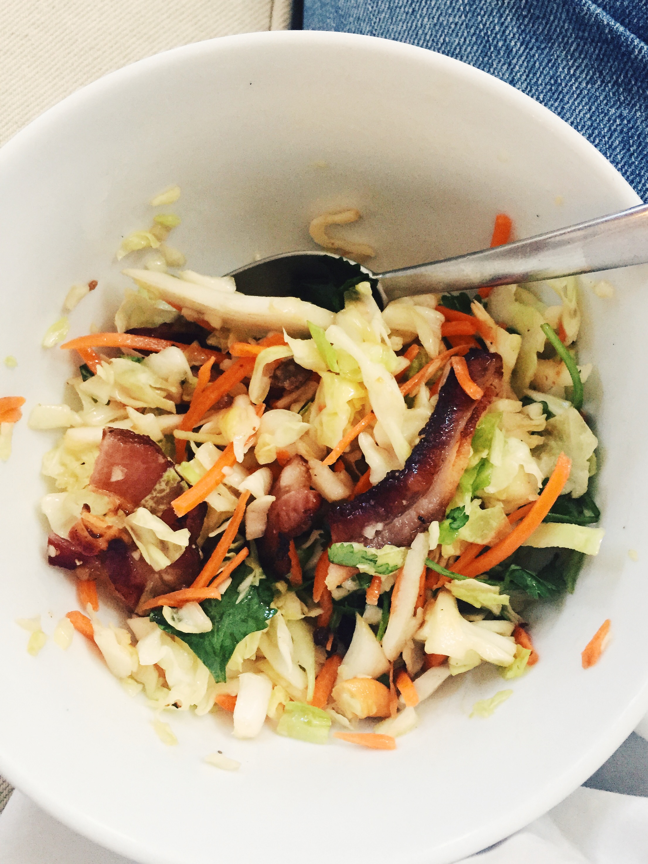 Asian salad from Costco (I don't use the toppings or dressing) with leftover meat and homemade dressing (olive oil, lemon juice, salt, and pepper)