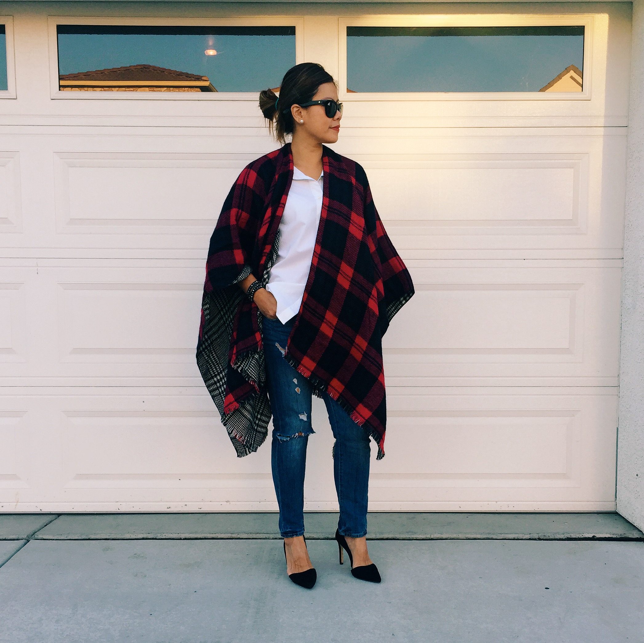 Love this chic and effortless look. Wrap from Nordstrom (in store only), button down from Old Navy , pumps from Banana Republic , and ripped jeans from Forever 21