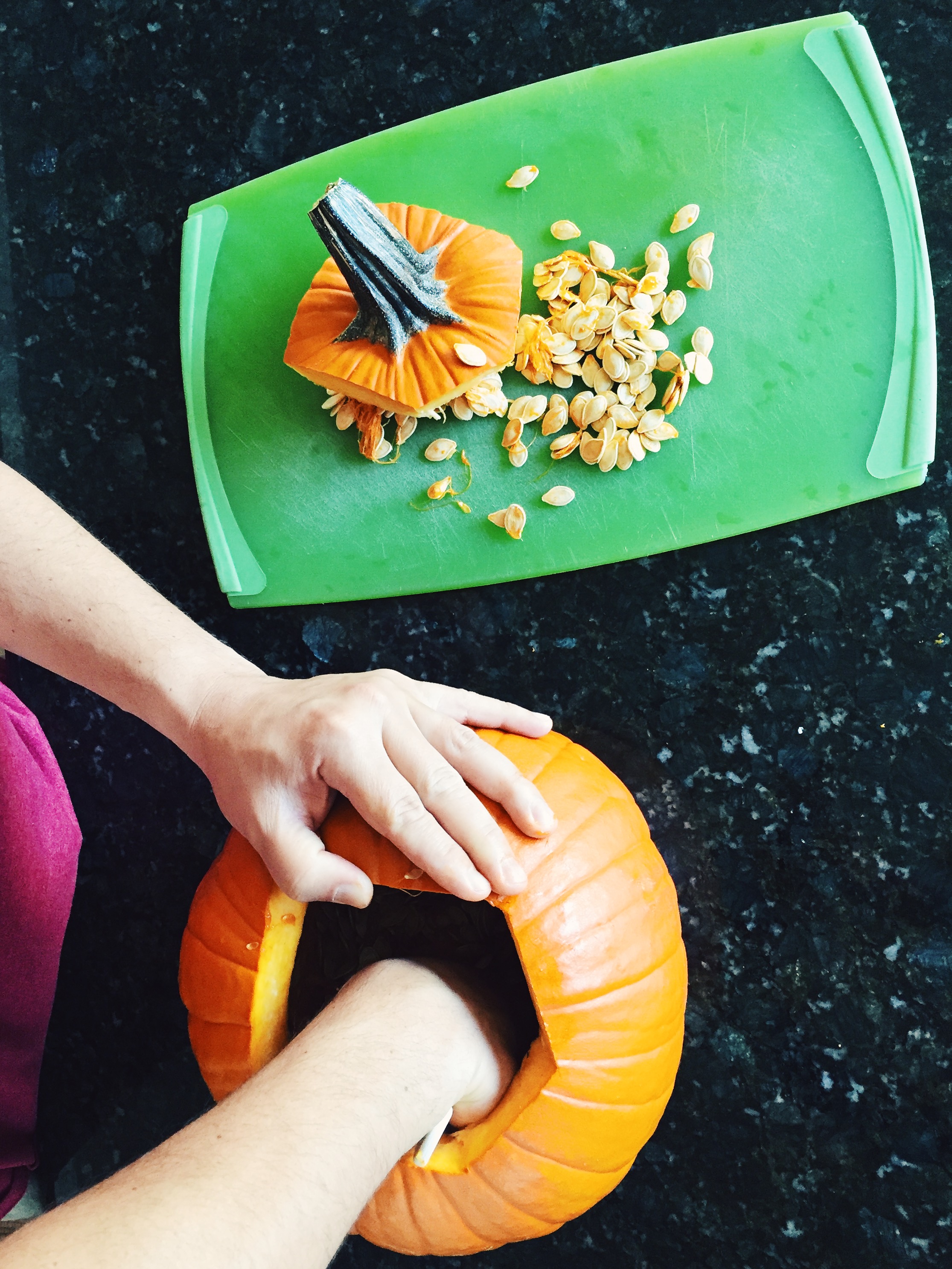 Clean out inside of pumpkin of all pumpkin seeds and fringy, stingy stuff. Rinse inside. 