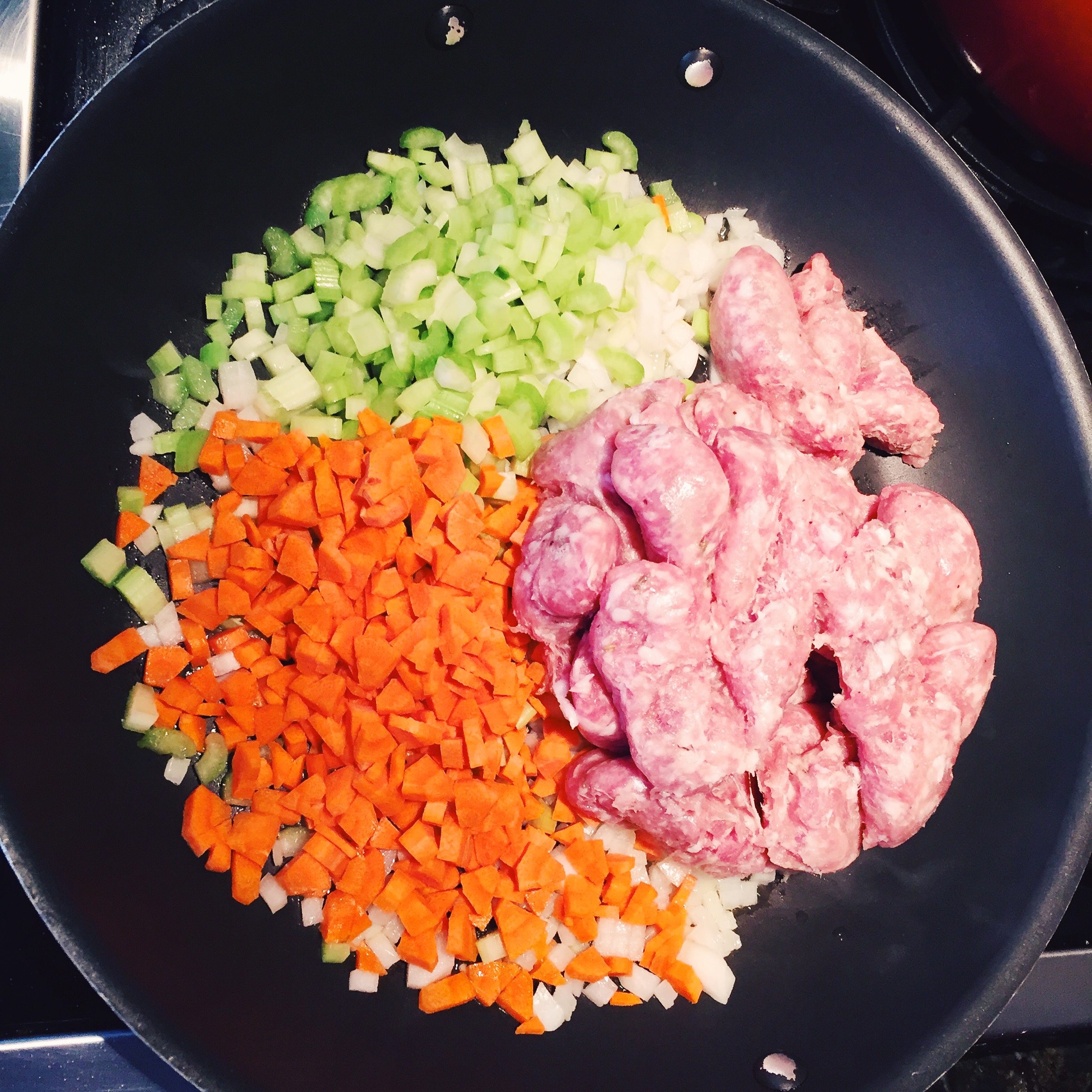 Sautee your celery, onions, carrots, and sausage. Cook meat about 2/3 done. It will finish cooking in the oven. Add herbs, salt, pepper and nutmeg to taste. Once that is cooked stir in rice and remove from heat. Note: I used quinoa and I would recommend to cook the quinoa half way before you mix it with the stuffing.