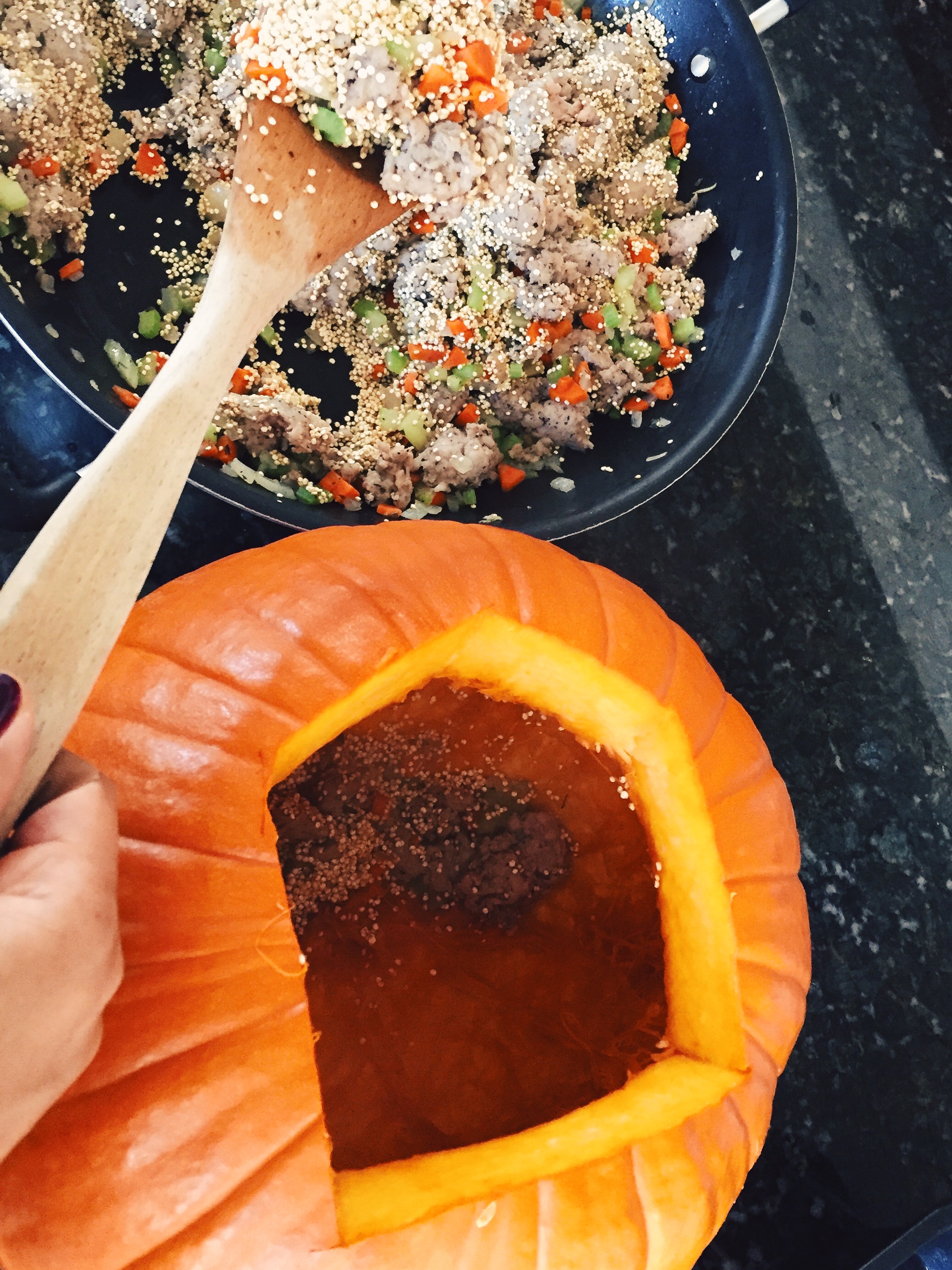 Place stuffing in pumpkin.