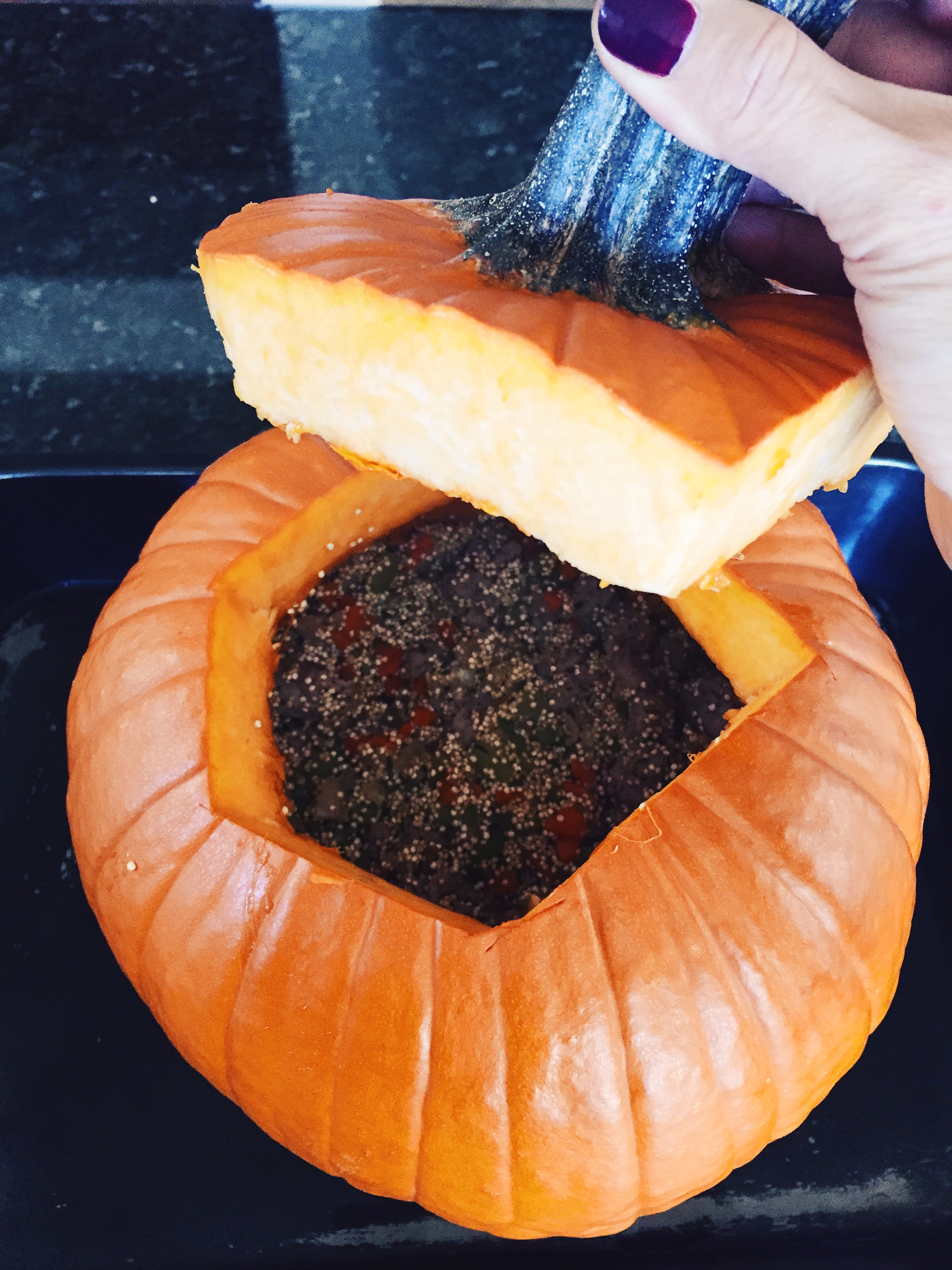 The stuffing should fill pumpkin at least 2/3 to top. If there's not enough stuffing inside, the pumpkin will collapse while cooking.