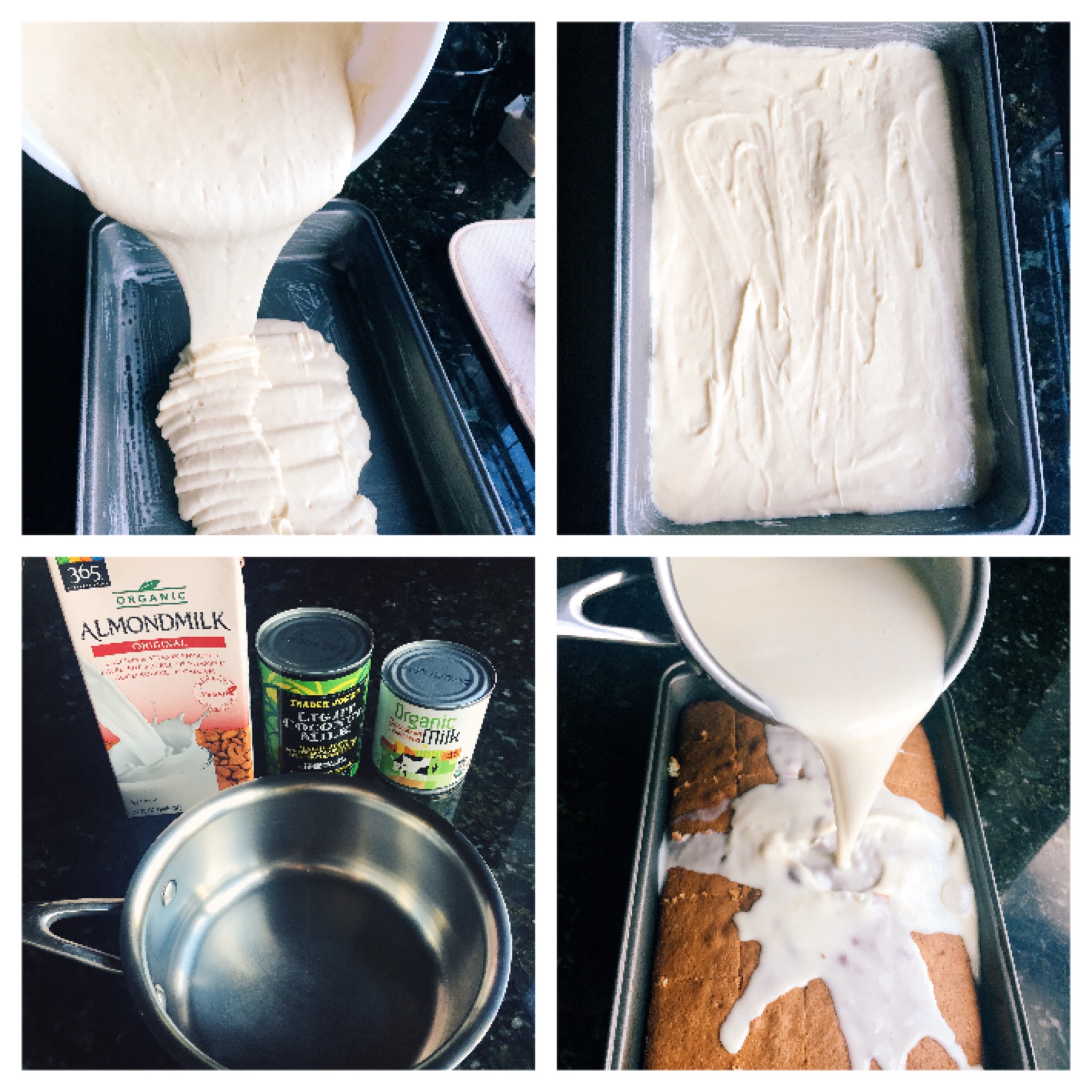 Prepare your cake mix. In a saucepan mix 1 can of condensed milk, and 2 cups of any milk you like (I used almond and coconut milk) over medium heat for about 10 minutes. Remove cake from oven and allow it to cool slightly. Cut into squares maintaining it in the cake pan. Pour milk mixture over top of cake. Make sure to refrigerate if you are preparing it ahead.