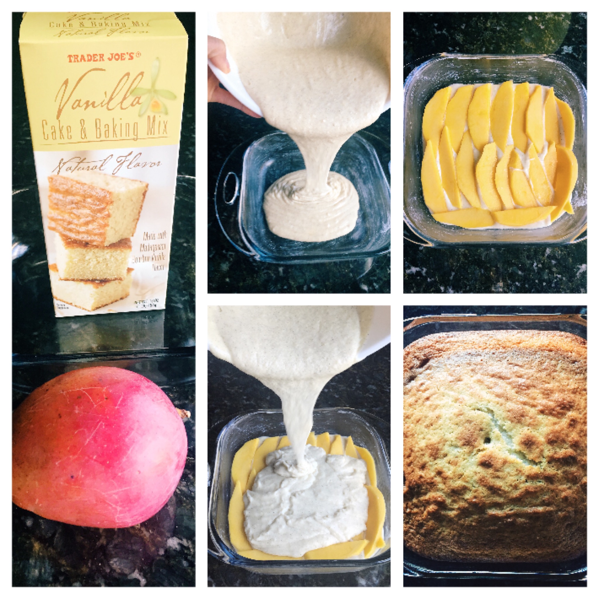 Prepare cake mix. Cut mango into thin slices. Pour half of the batter in to the baking pan. Add mangos on top then pour the rest of the batter on top. When it's done pair it with any topping you like. This cake is perfect for those who don't like frosting on their cake. Note: I got this recipe from my friend Christina who always make this cake for her daughter's birthday. 