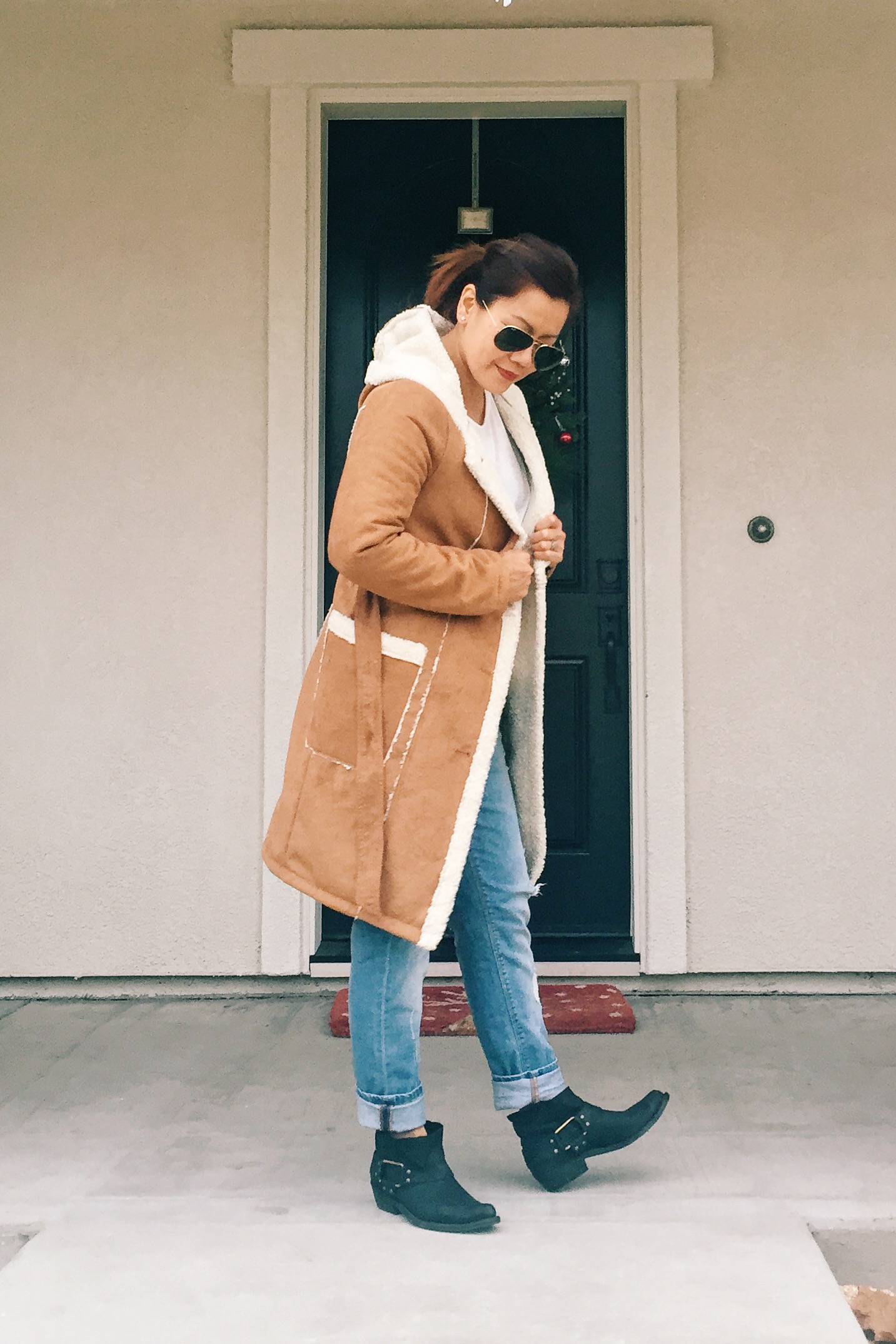 Hooded faux suede coat from Forever21. Boots from ANINE BING.