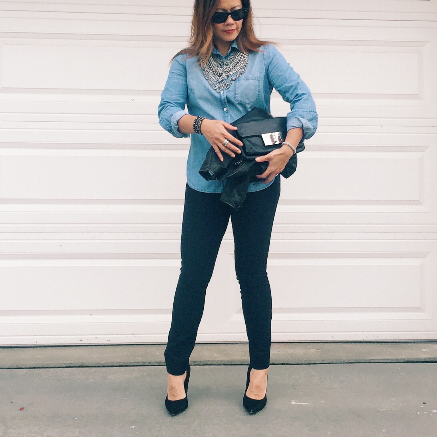 J. Crew chambray shirt - Gap skinny pants - Bauble Bar statement necklace - Sam Edelman pumps.