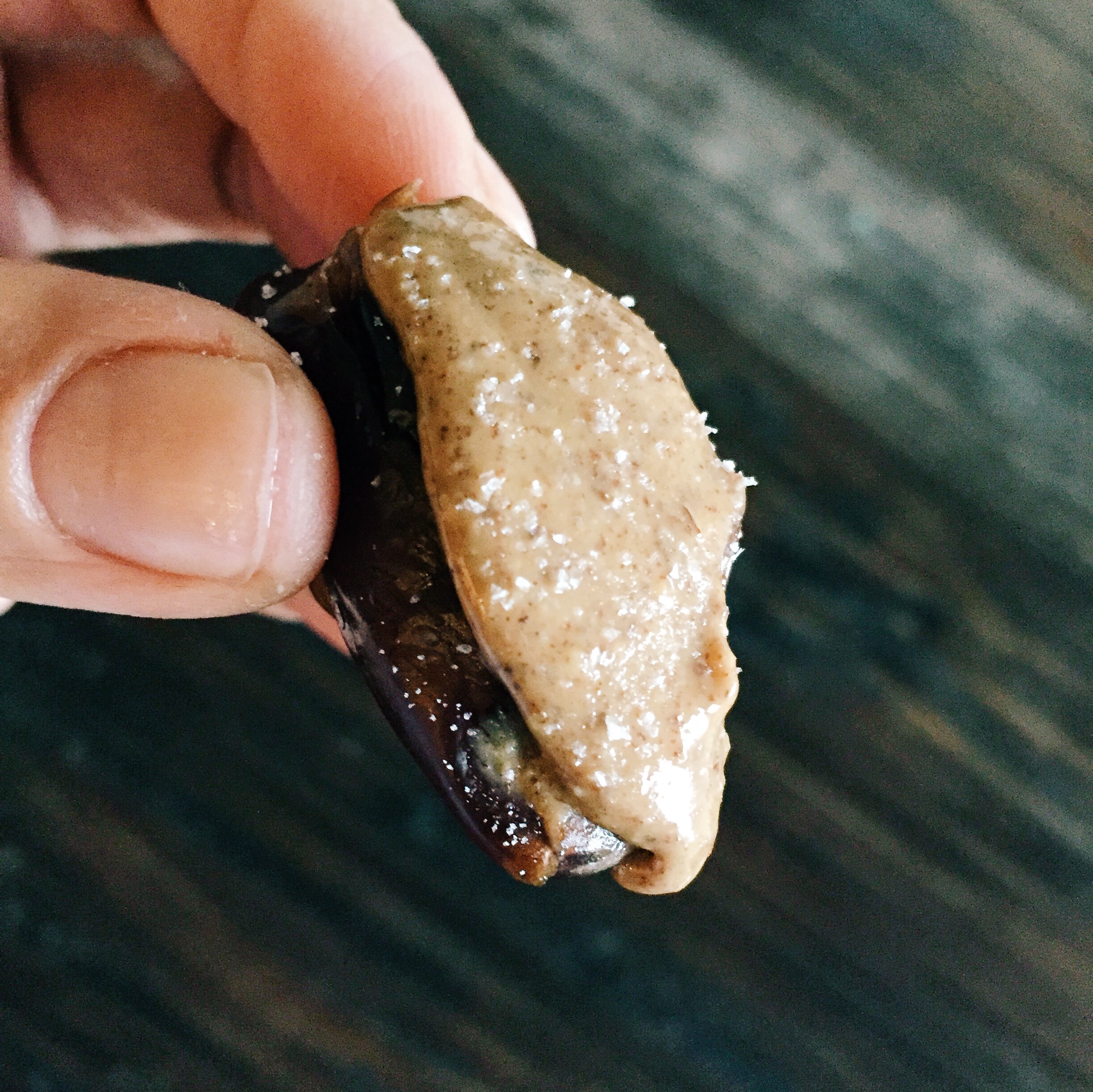 My mid afternoon "pick me up" snack - dates + almond butte r + pink sea salt .