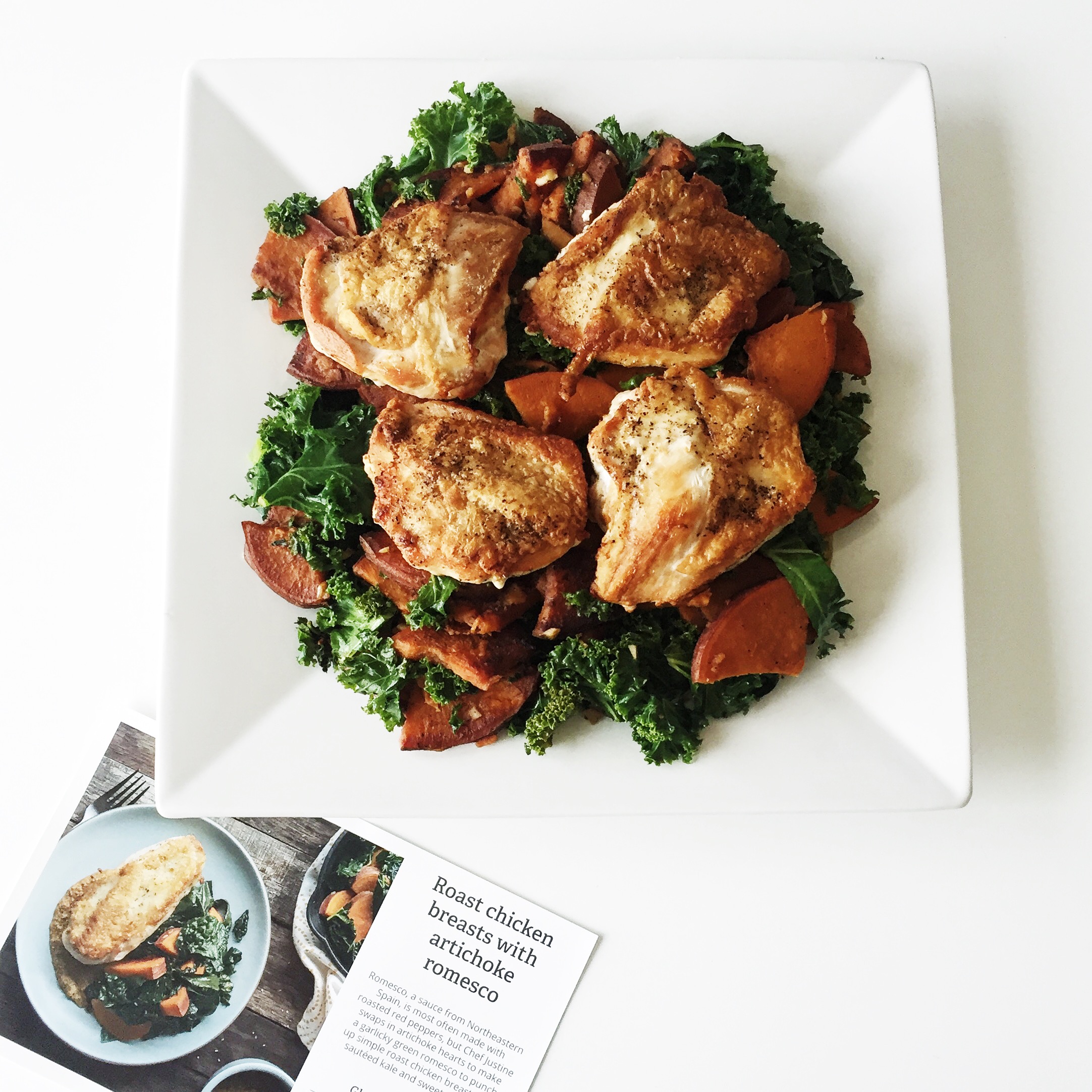 Roast chicken breast with artichoke romesco.