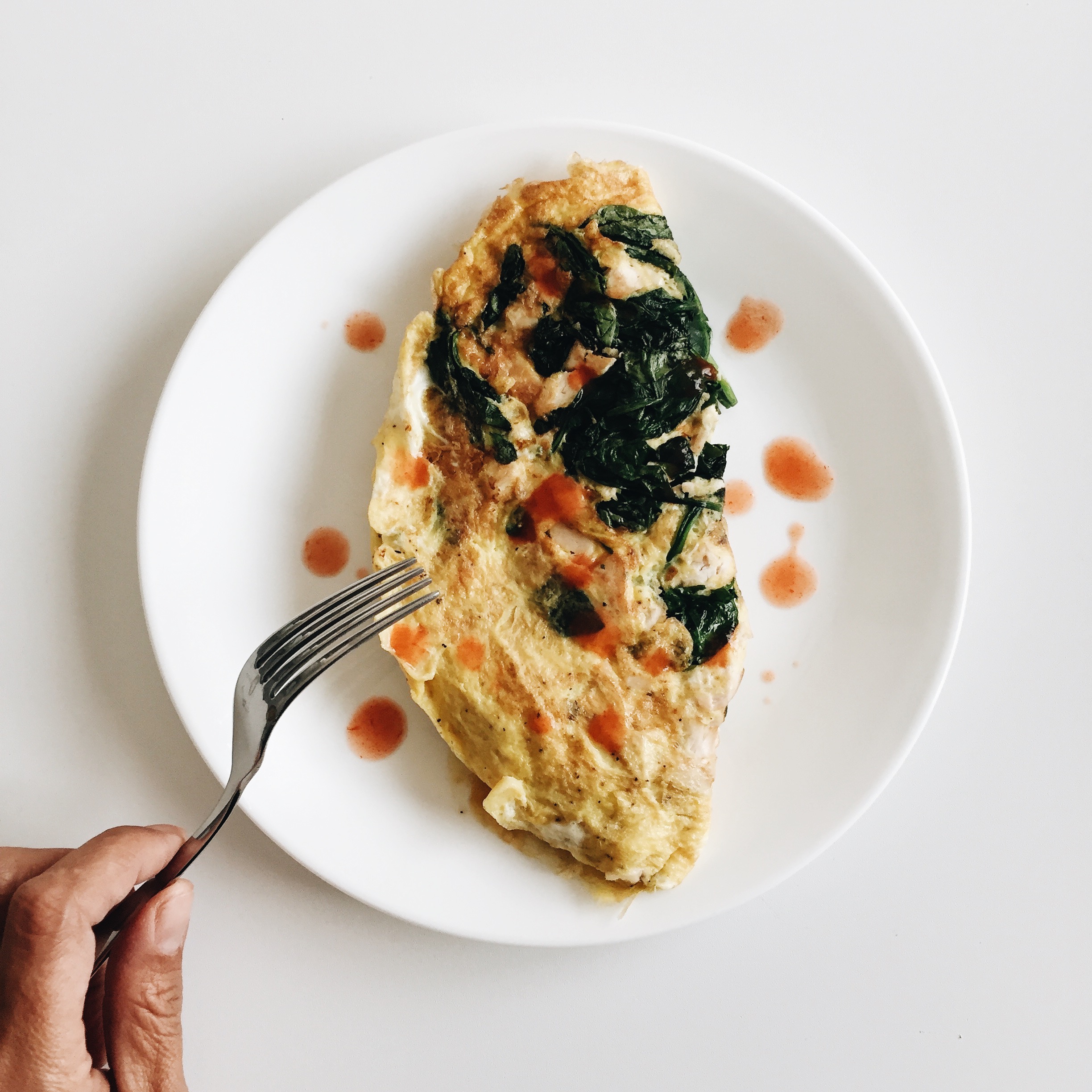 Breakfast: spinach and leftover roasted chicken omelette.