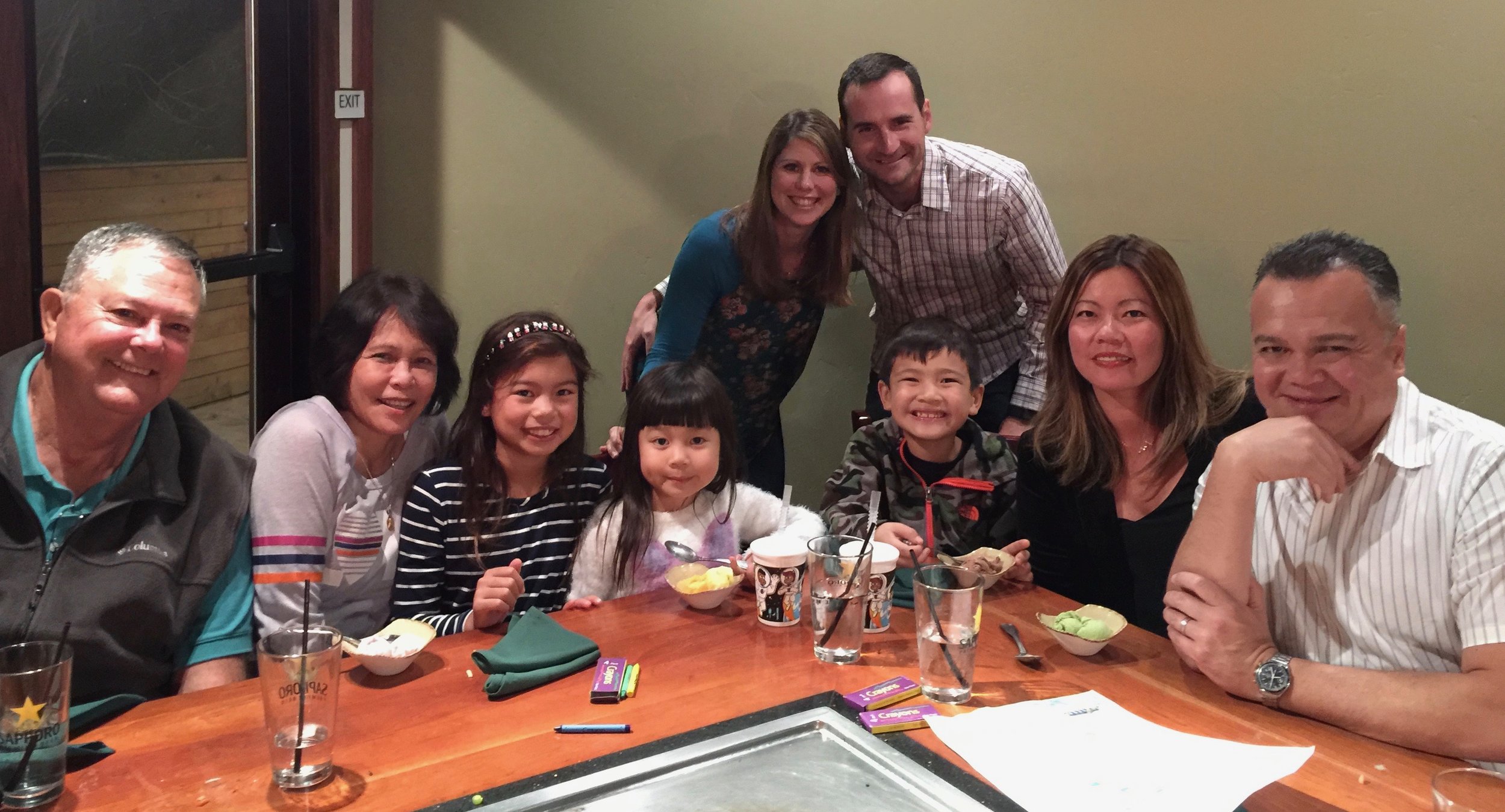 This was us on Saturday night with the family. We went to a local Teppanyaki restaurant and the couple in the back sat at our table. Prior to seating, they were complete strangers. By the end of the meal, we were friends and they too joined Patricia for her birthday. Fun night.