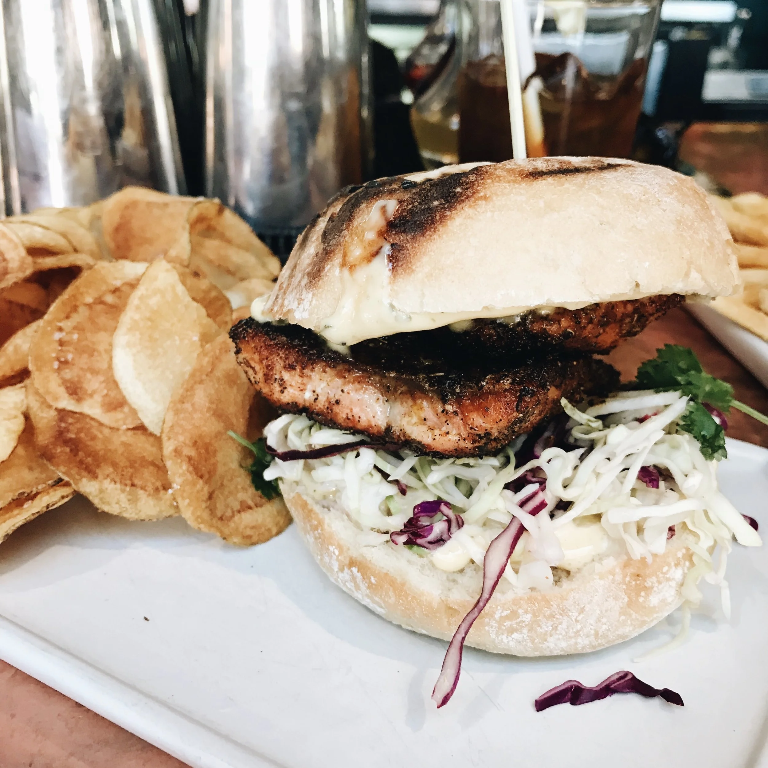 Blackened Alaskan Sockeye Salmon sandwich from Warfield Distillery & Brewery