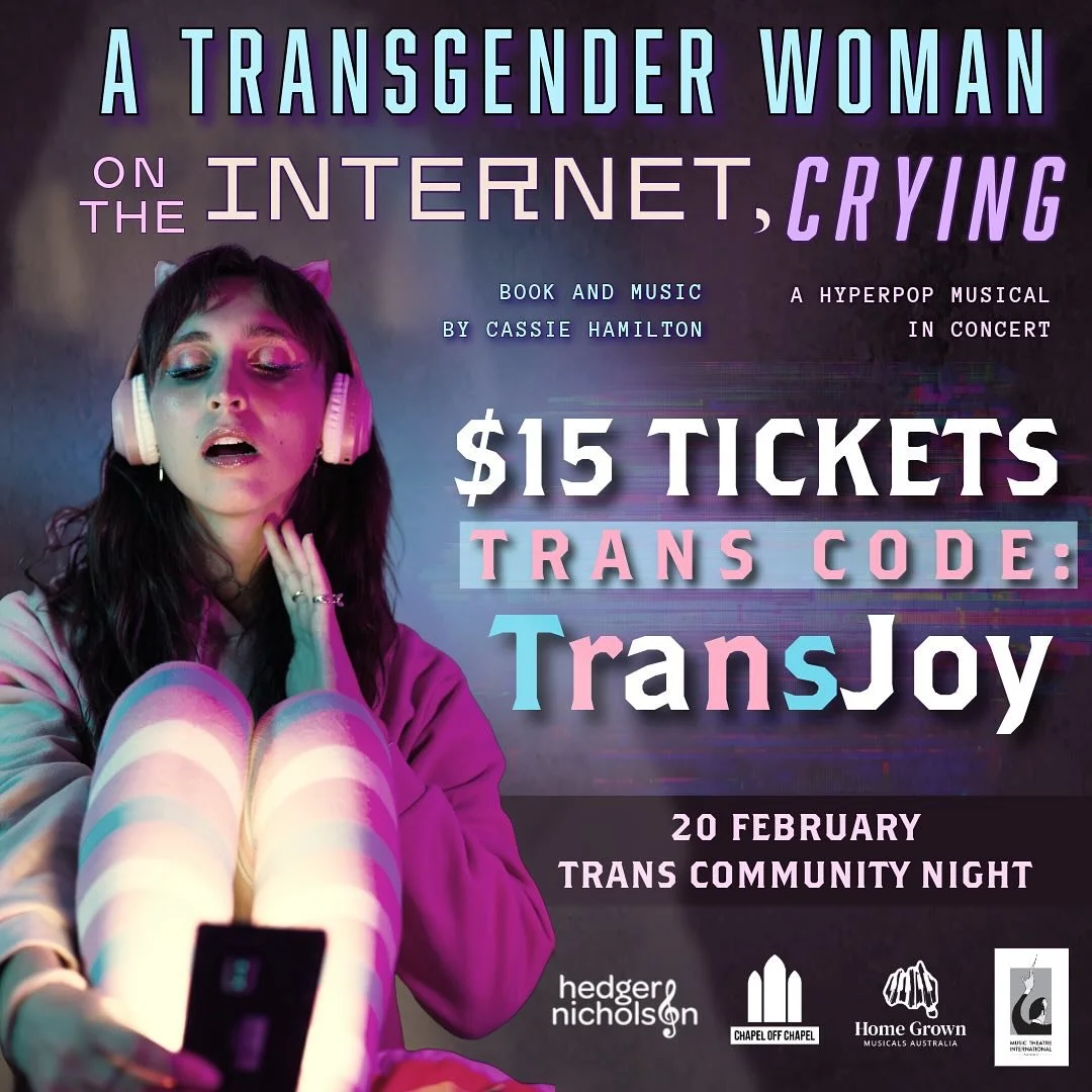 ✨ Join us for A Transgender Woman on the Internet, Crying – a hyperpop musical in concert! 🎶 Celebrate Trans Community Night on Feb 20th at Chapel Off Chapel with $15 tickets exclusively for Trans folk using code TransJoy 🏳️‍⚧️ Don’