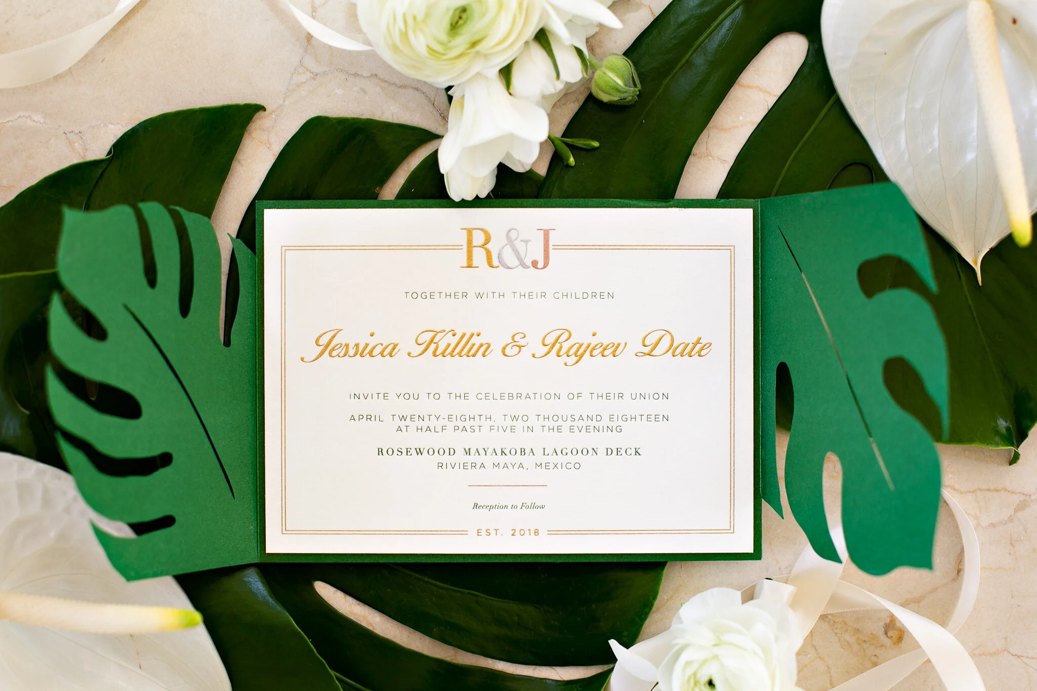 Tri Color Engraving (Gold, Silver, and Rose Gold) and Green Letterpress.