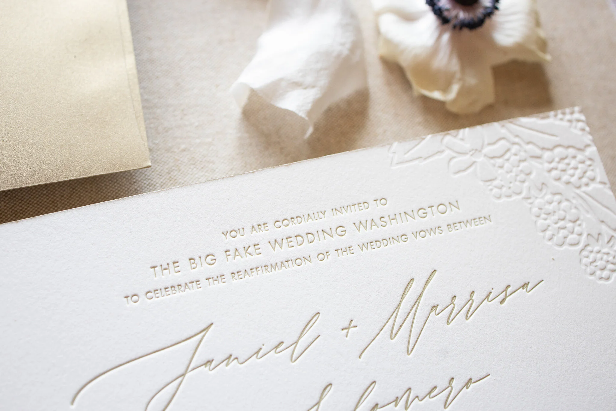 Champagne Gold Letterpress, Blind Debossing, & Digital Printing (wine glass illustrations)