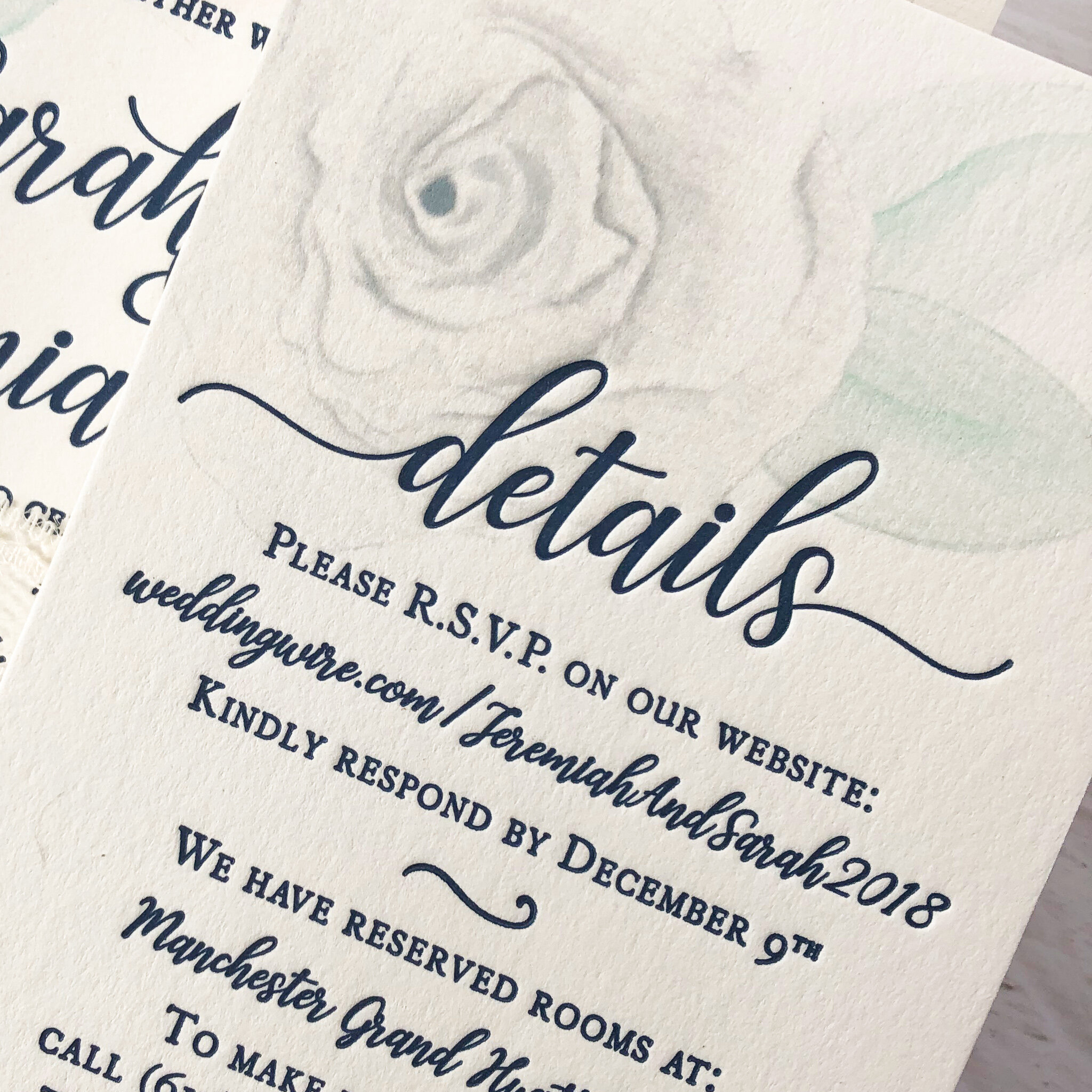 Navy Letterpress with Digital Printing for the Custom Watercolor.