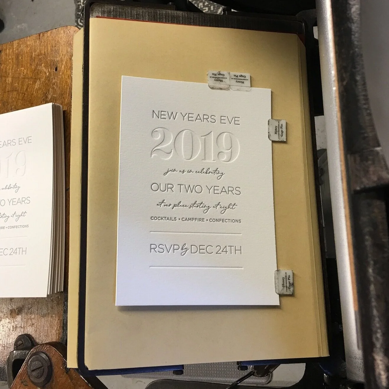 Silver Letterpress with Blind Debossing. Embossing shown on the envelope flap for the return address.