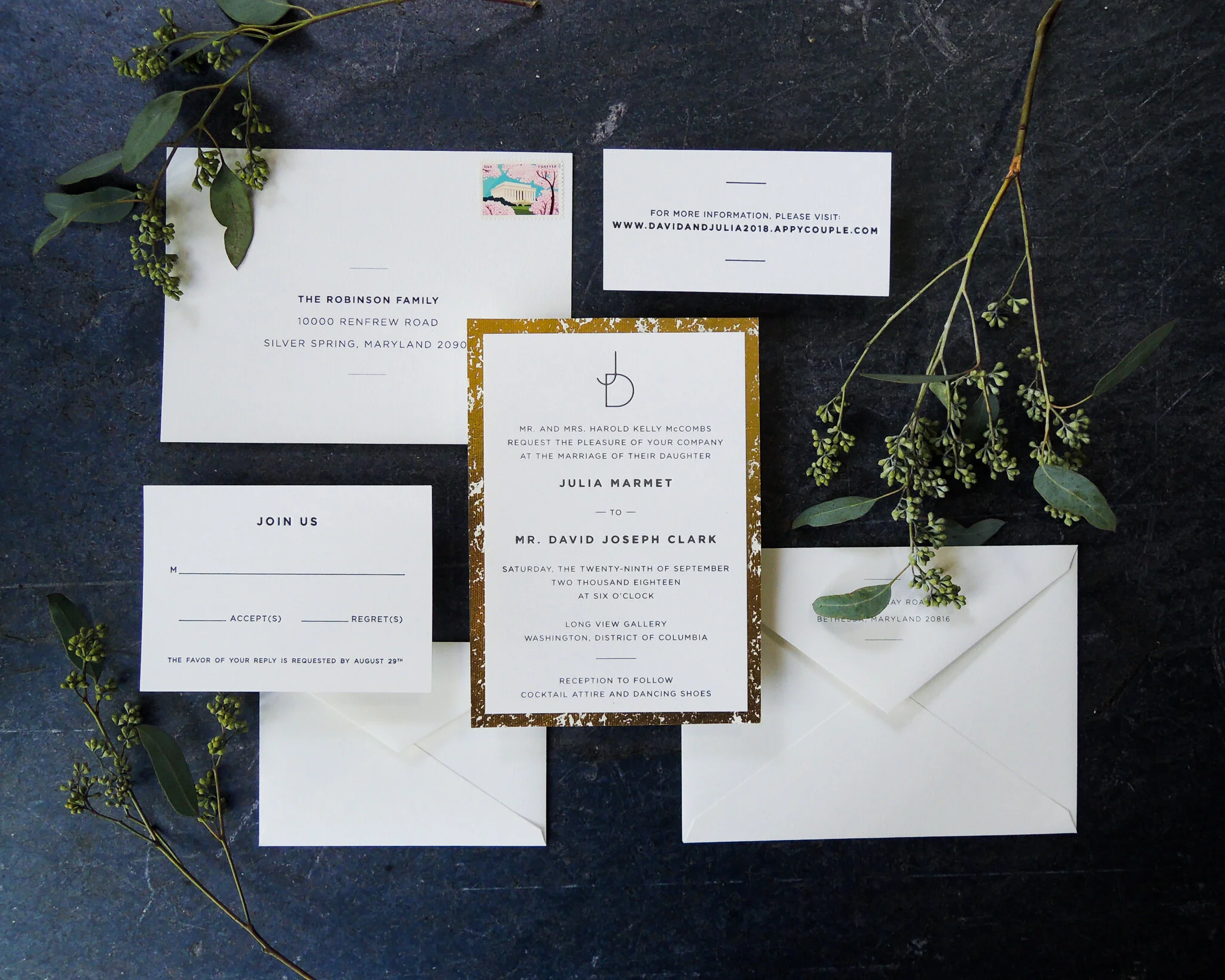 Features Shown: Letterpress, Handmade/Specialty Paper Backing, Two-Sided Digital Addressing