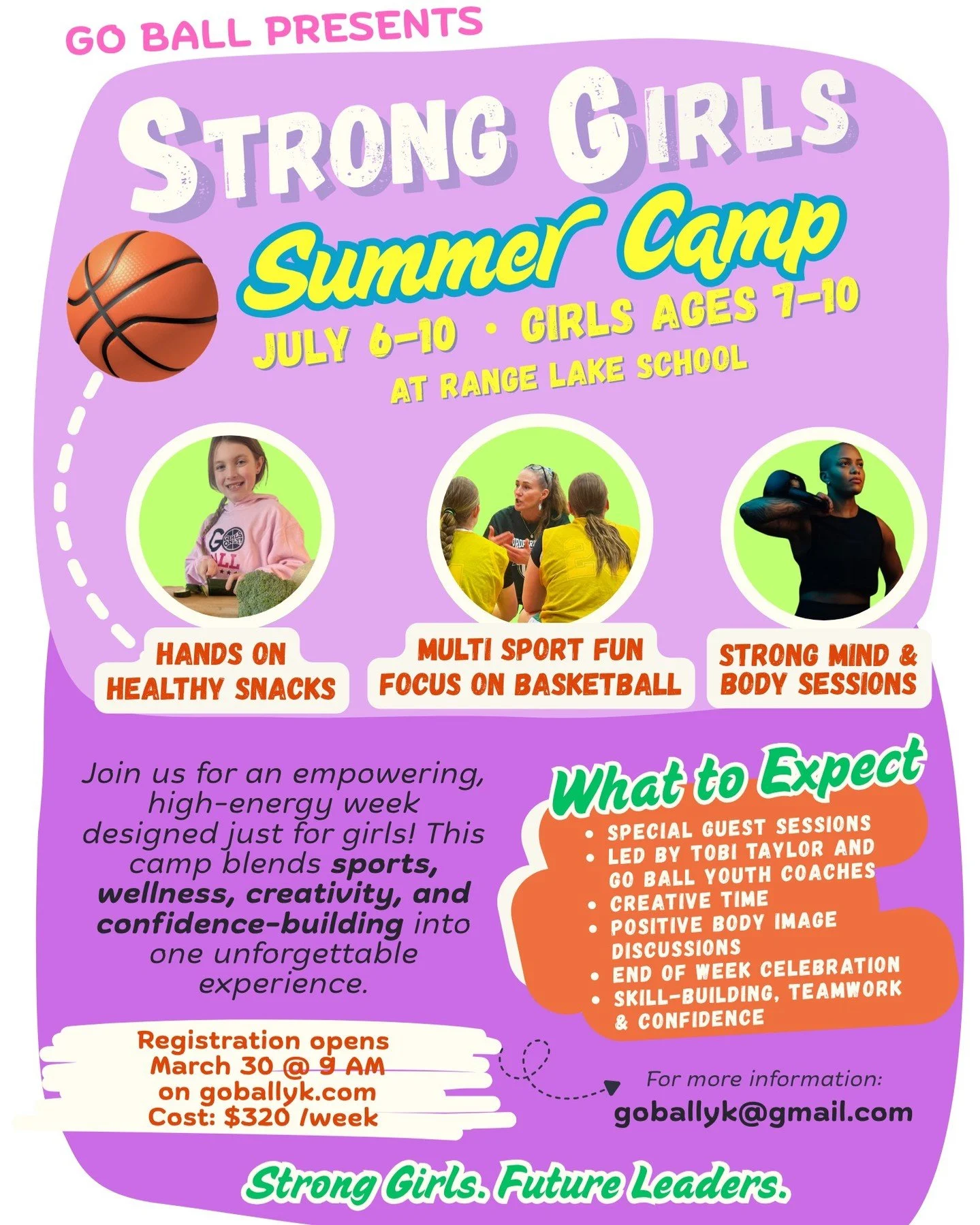 🌞 Summer just got better&mdash;check out this exciting opportunity!

GO Ball Presents:

🌟 STRONG GIRLS SUMMER CAMP 

📅 July 6&ndash;10 | 👧 Ages 7&ndash;10
💲 $320 | 📍 RLN
👥 Only 25 spots!

💪 Build strength, confidence &amp; friendships in a fu