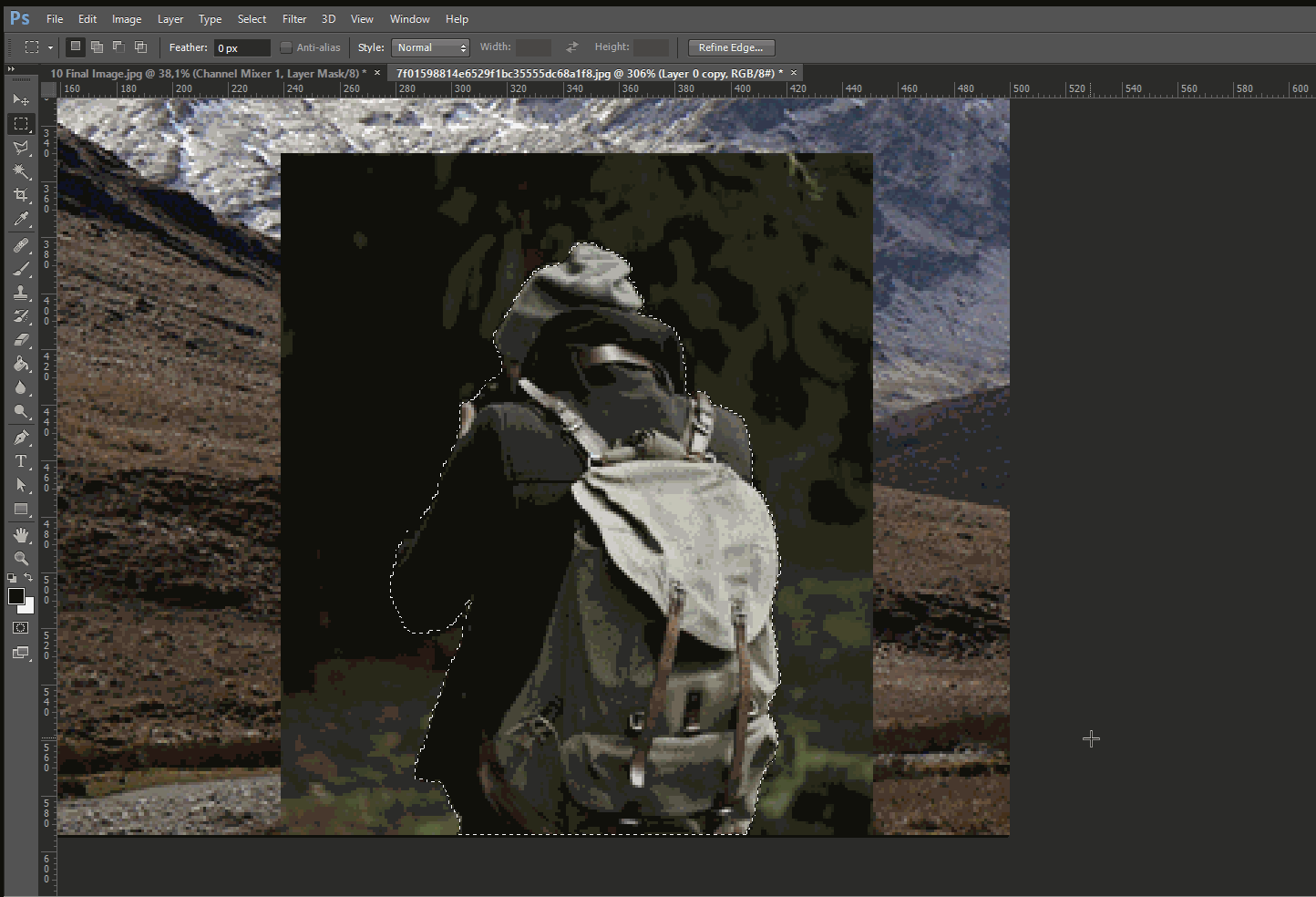 Once the selection is done, click on refine edge. After you've adjusted the feather and edge shift, click on add a vector mask to mask the unwanted part of the image