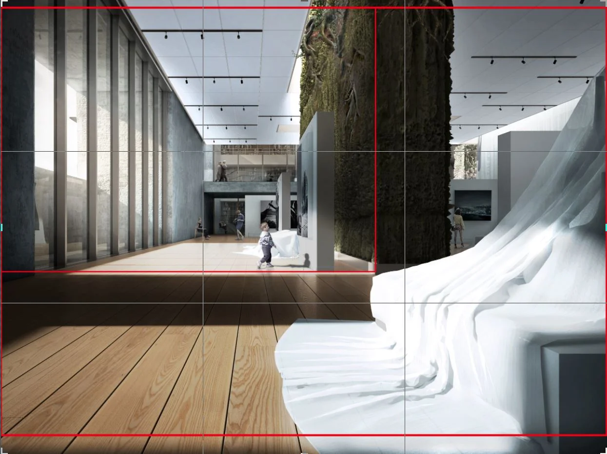 We have two composition frame. What is under the main rectangle is dark and takes away the attention (we can crop it but we have to stamp tool the darker part of the drape on the bottom right corner), what is above the main recatngle is also of negl…