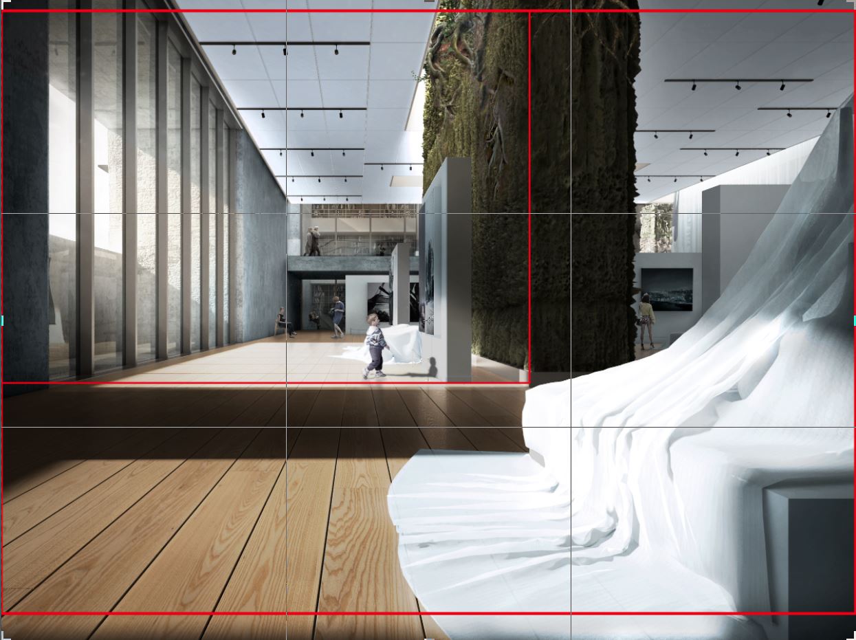 We have two composition frame. What is under the main rectangle is dark and takes away the attention (we can crop it but we have to stamp tool the darker part of the drape on the bottom right corner), what is above the main recatngle is also of negligible importance therefore we can crop them to have the same ratio between the smaller and the wider frame.