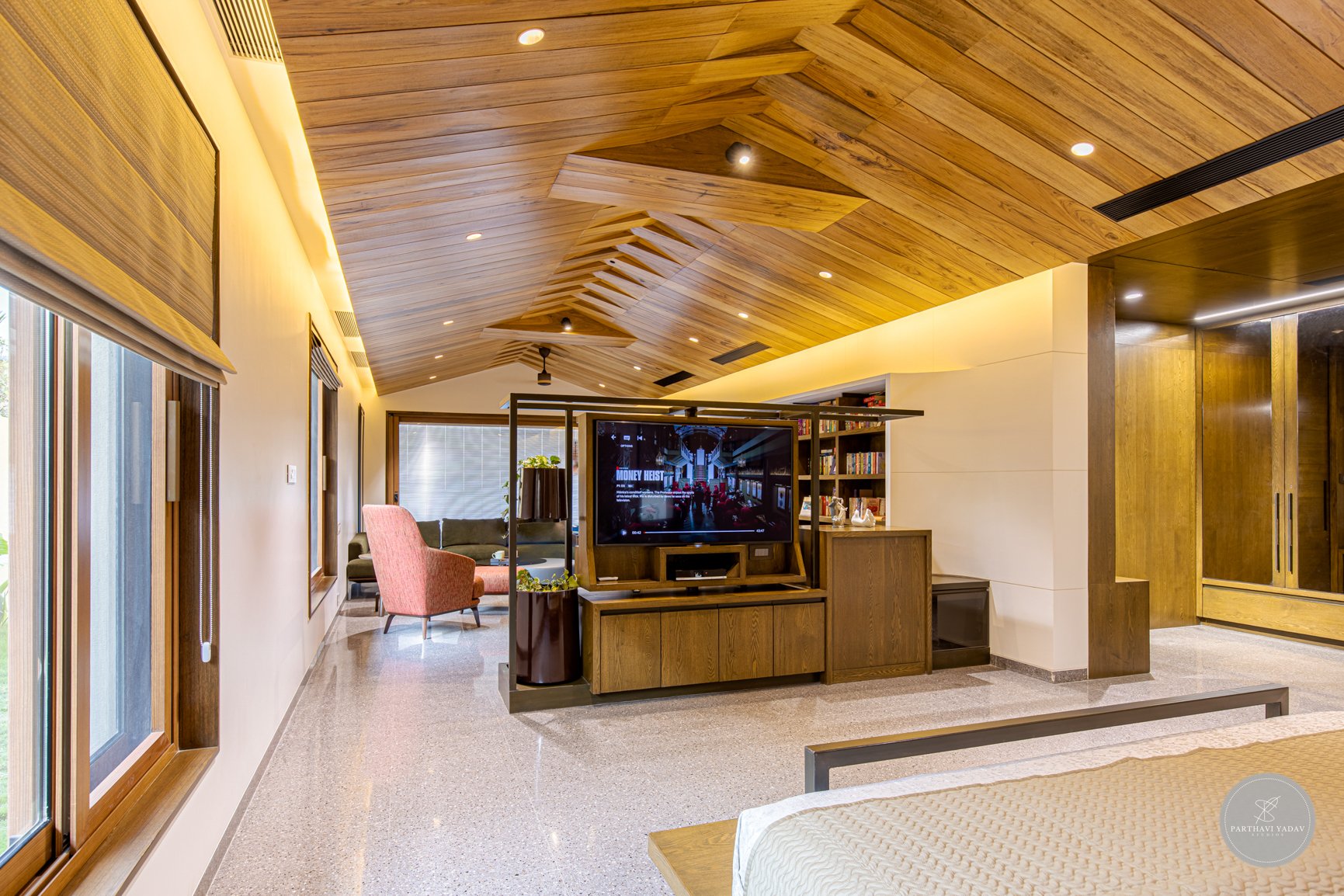 best interior photographer in pune bangalore - wood panel ceiling like a cabin with walkin closet.jpg