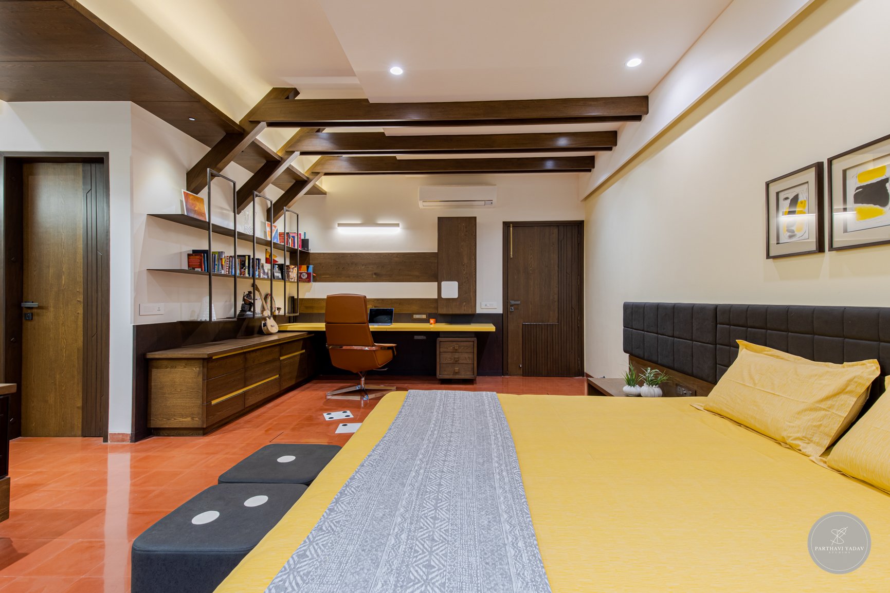 best interior photographer in pune bangalore - daughter's room with wooden panel ceiling and checkered tiles and a study table and guitar.jpg