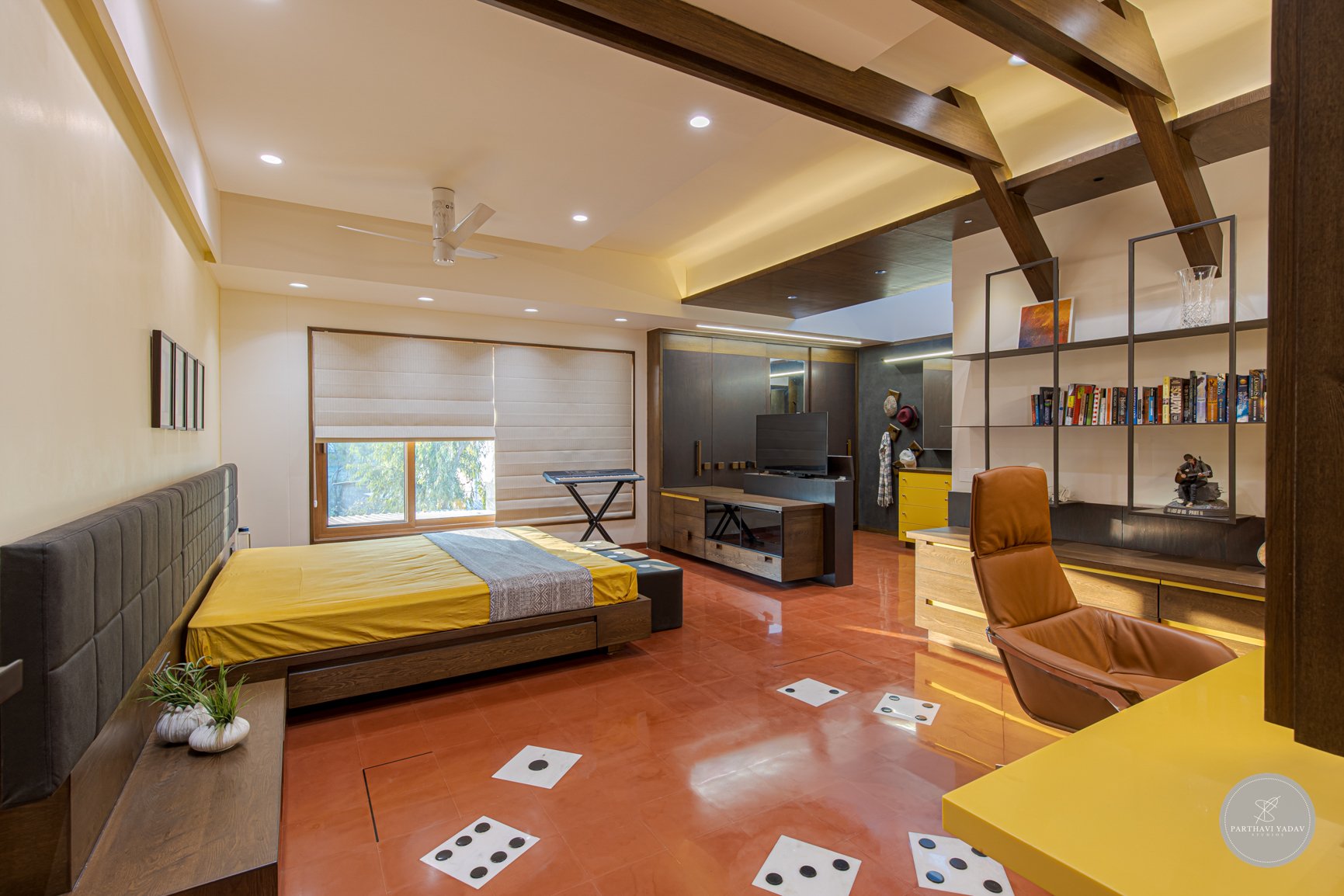 best interior photographer in pune bangalore - girl's room with checkered tiles and piano with a tv and walk in closet.jpg