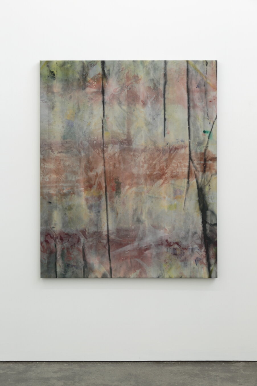   Visible Mystries , 2019  Acrylic and oil stick on knitted polyester voile  163 x 132 cm  