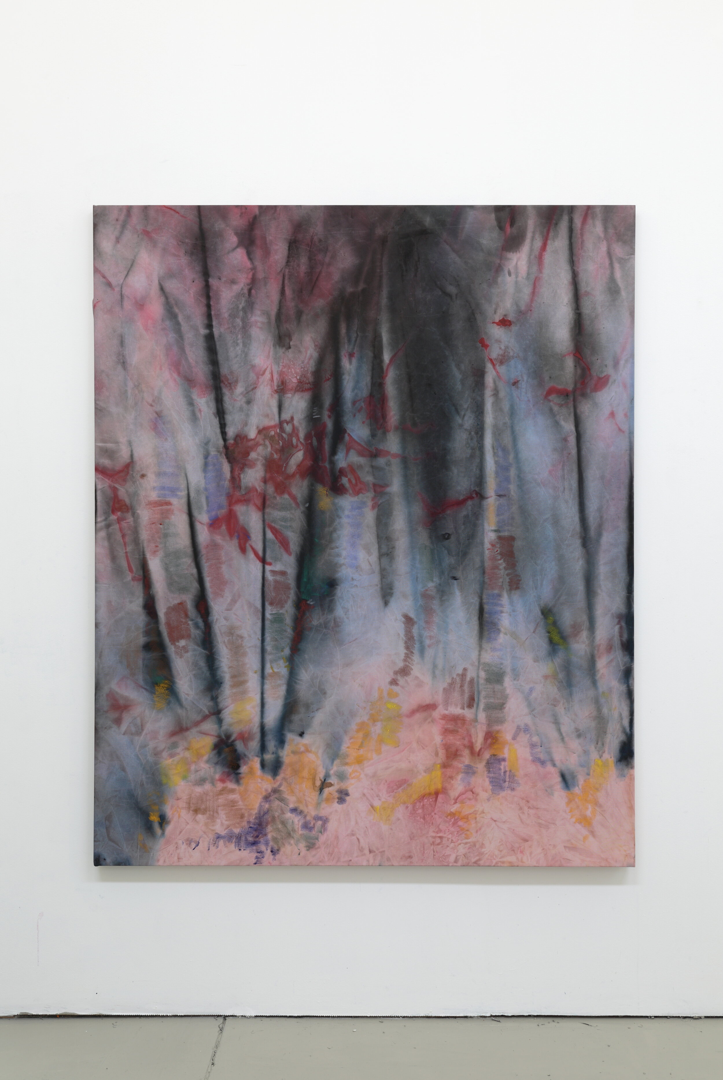   Unscratched , 2019  Acrylic and oil stick on knitted polyester voile  163 x 132 cm 
